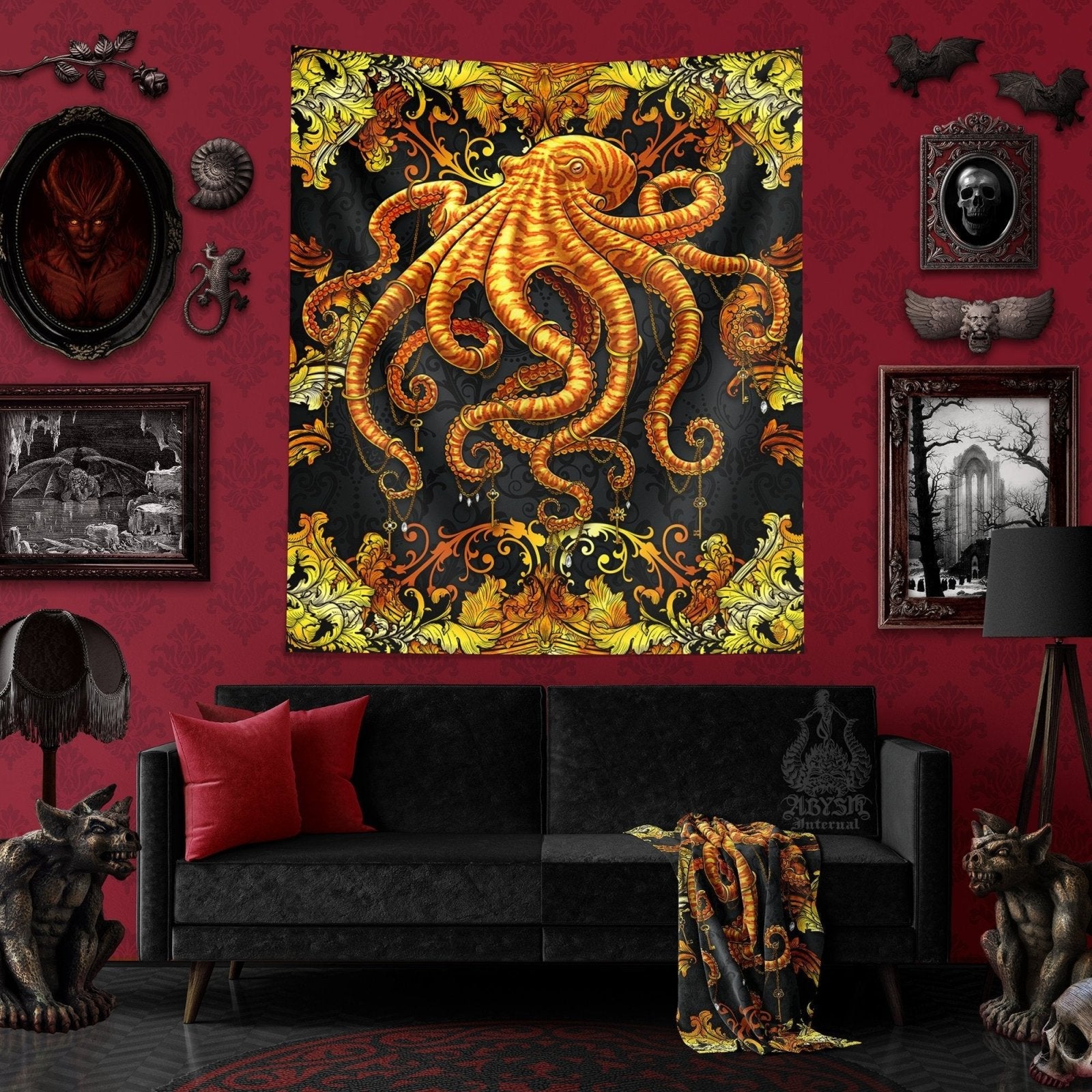 Beach Tapestry, Octopus Wall Hanging, Ocean Home Decor, Art Print - Gold Black - Abysm Internal