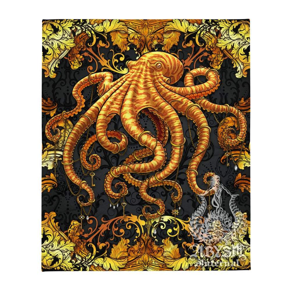 Beach Tapestry, Octopus Wall Hanging, Ocean Home Decor, Art Print - Gold Black - Abysm Internal