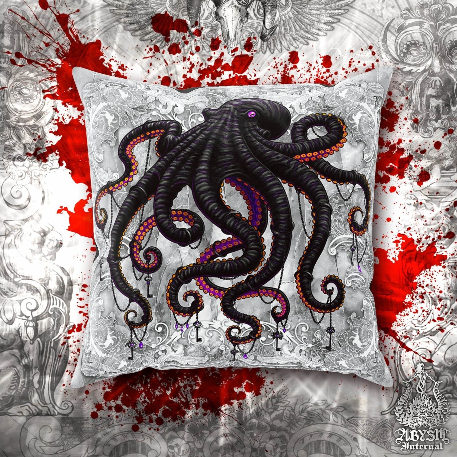 Beach Throw Pillow, Decorative Accent Cushion, Eclectic Room Decor, Alternative Home - White Goth Octopus - Abysm Internal