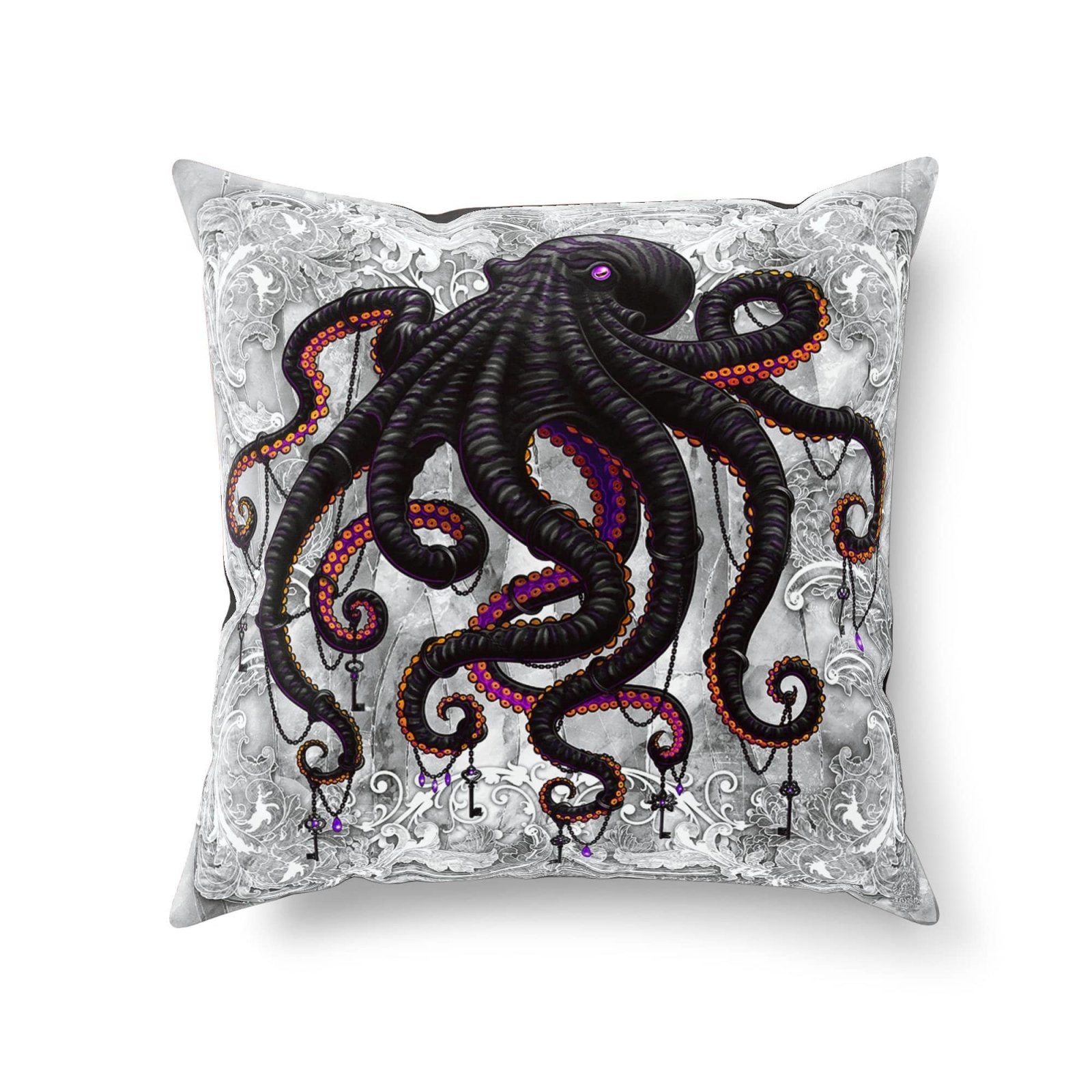 Beach Throw Pillow, Decorative Accent Cushion, Eclectic Room Decor, Alternative Home - White Goth Octopus - Abysm Internal