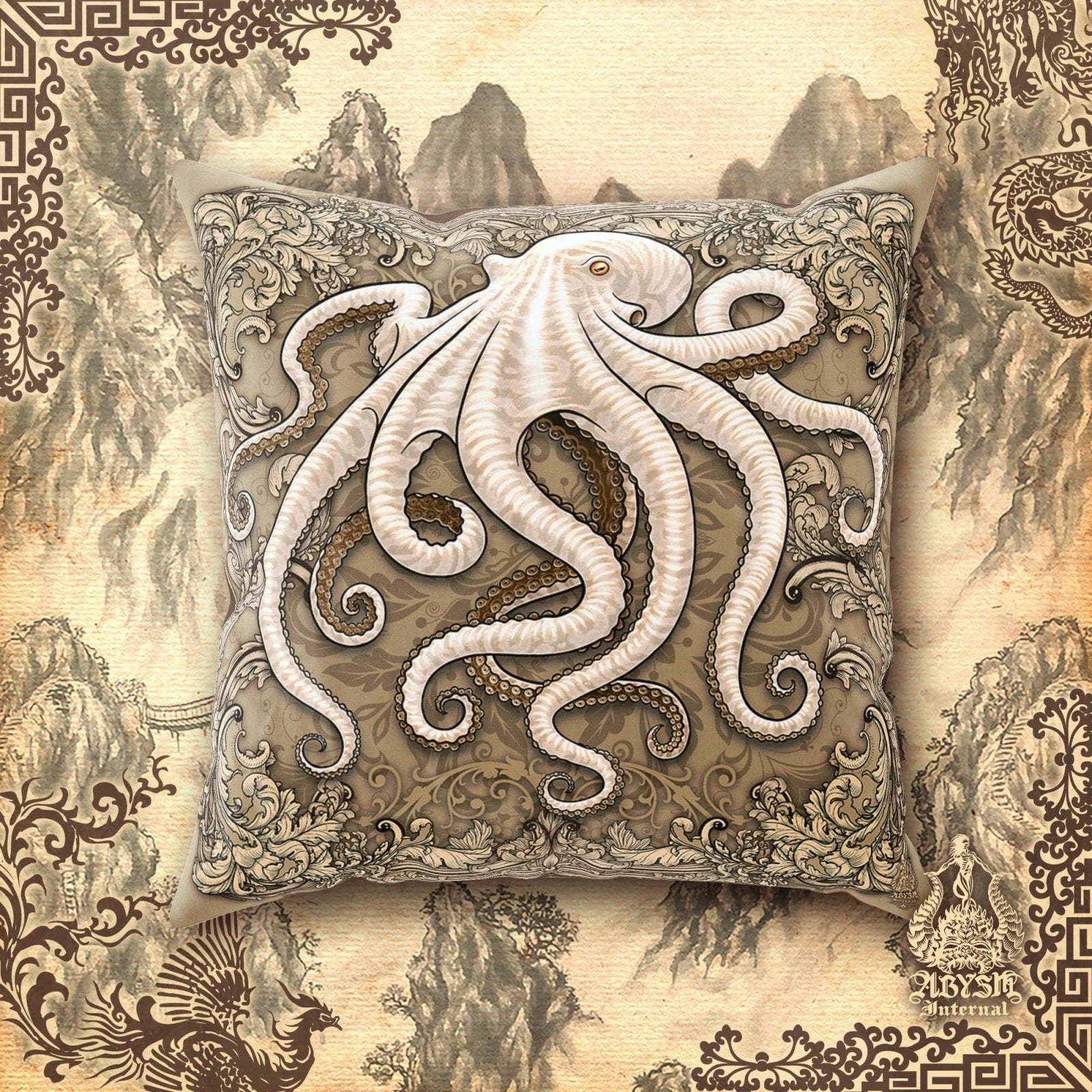 Beach Throw Pillow, Decorative Accent Cushion, Octopus Decor, Indie and Eclectic Design, Funky Home - Cream - Abysm Internal