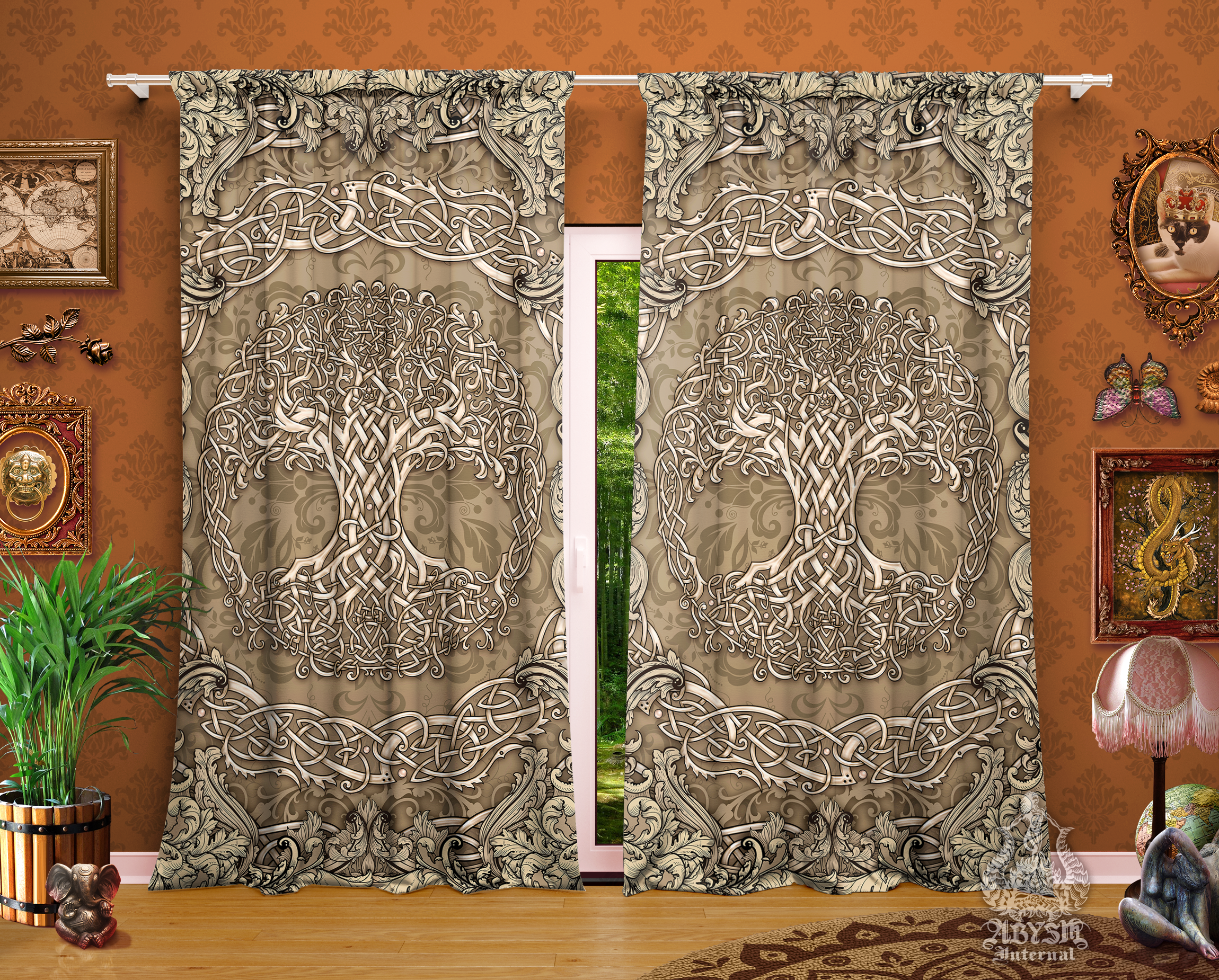 Aesthetic Celtic Curtains 50x84 Printed Window Panels Tree Of Life Pagan Room Decor Beige Art Print Funky And Eclectic Home Cream Abysm Internal