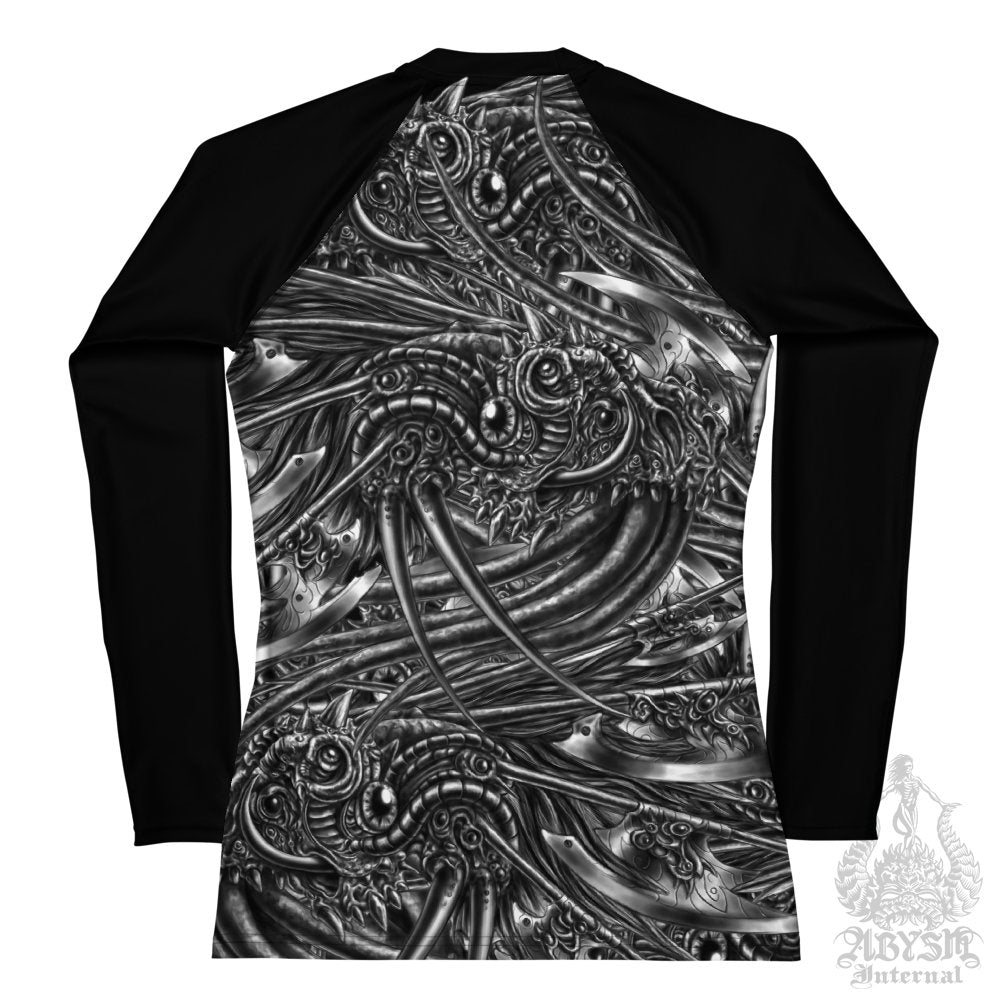 Black and White Women's Rash Guard, Long Sleeve spandex shirt for surfing, swimsuit top for water sports, Fantasy Art - Alien Monster - Abysm Internal