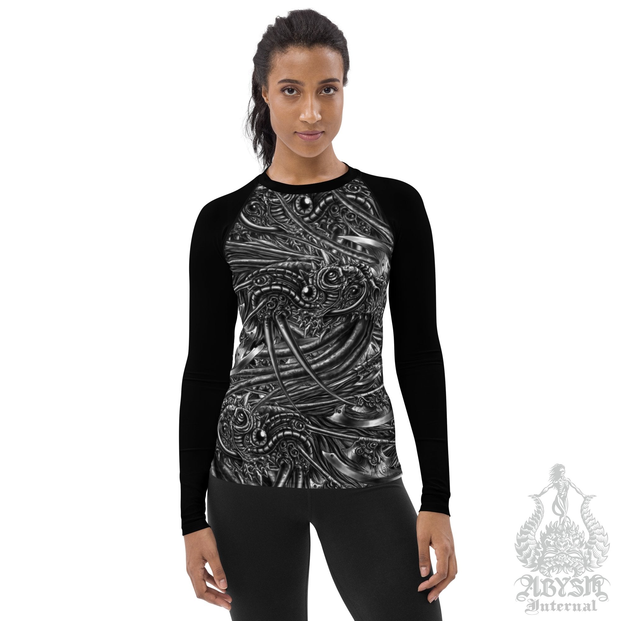 Black and White Women's Rash Guard, Long Sleeve spandex shirt for surfing, swimsuit top for water sports, Fantasy Art - Alien Monster - Abysm Internal