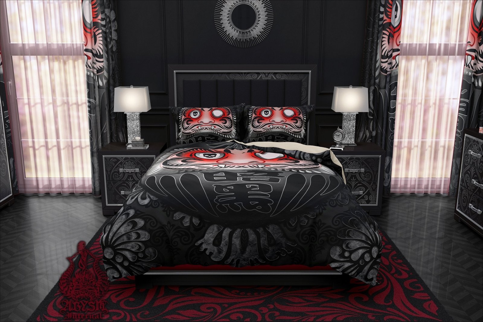 Black Daruma Bedding Set, Comforter and Duvet, Funny Goth Bed Cover and Bedroom Decor, King, Queen and Twin Size - Japanese Art - Abysm Internal
