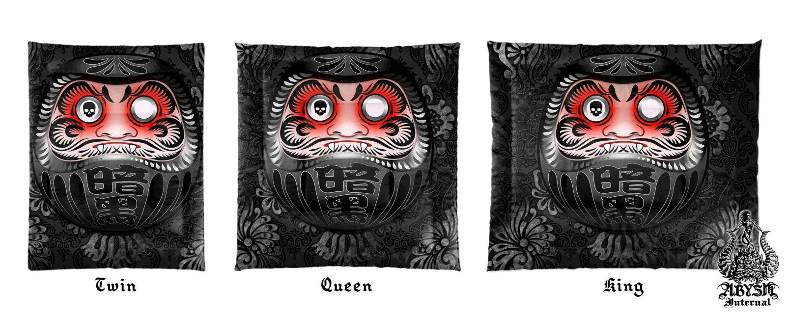 Black Daruma Bedding Set, Comforter and Duvet, Funny Goth Bed Cover and Bedroom Decor, King, Queen and Twin Size - Japanese Art - Abysm Internal