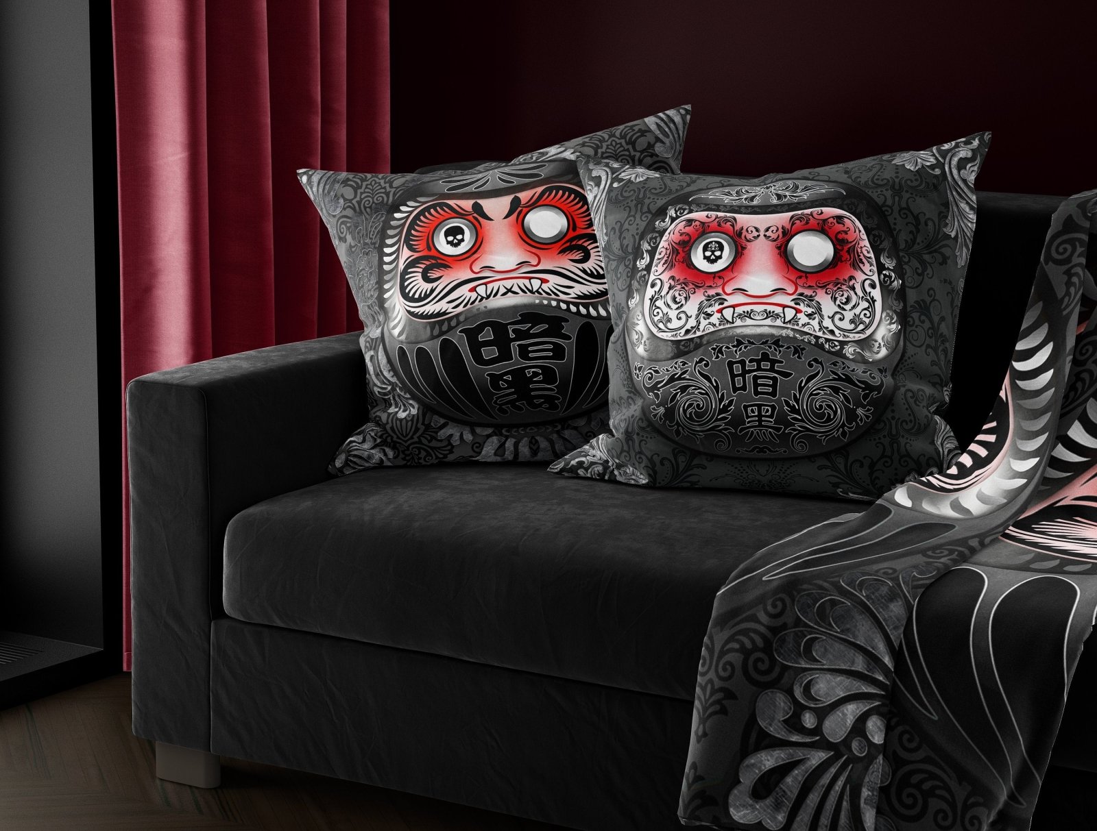 Black Daruma Throw Pillow, Decorative Accent Cushion, Goth Japanese Art, Eclectic Room Decor - Abysm Internal