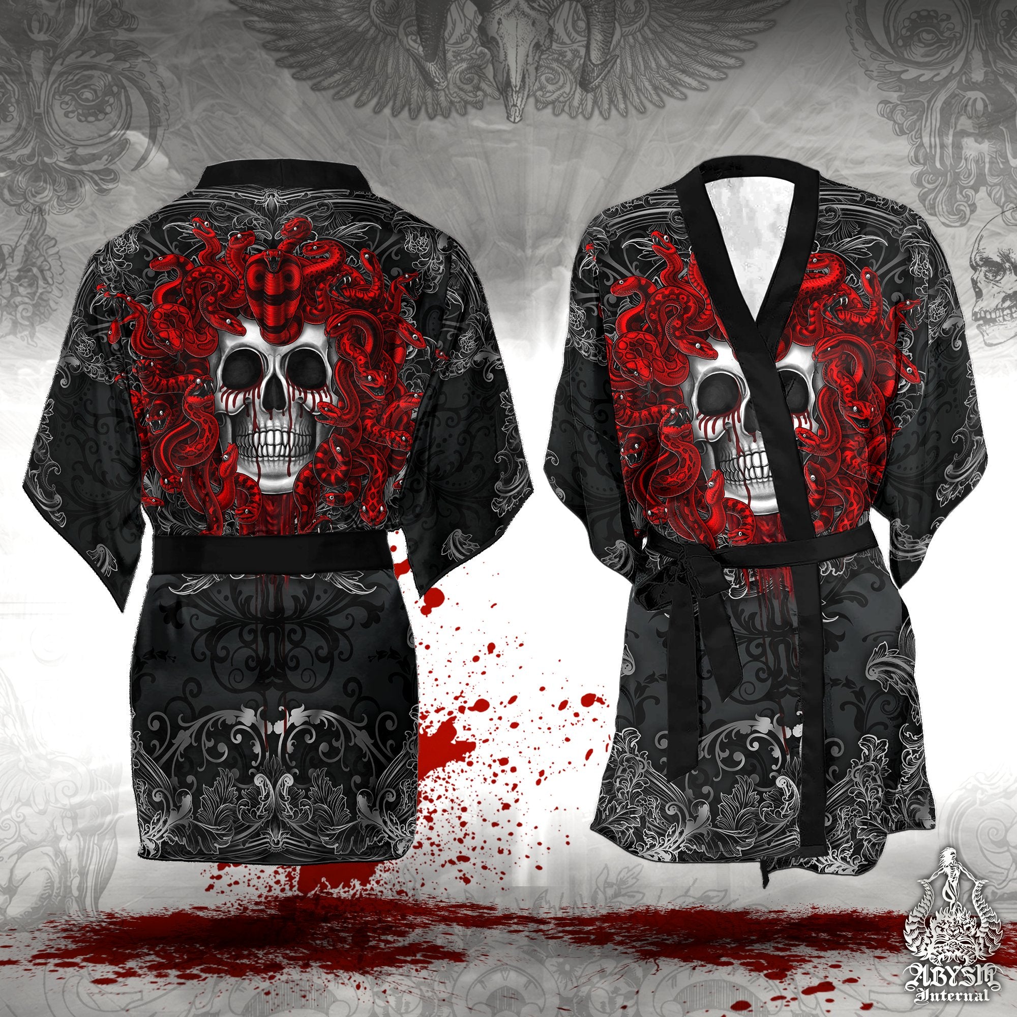 Black Gothic Short Kimono Robe, Beach Party Outfit, Medusa Coverup, Summer Festival, Nu Goth Alternative Clothing, Unisex - Skull, 2 Faces, 3 Colors - Abysm Internal