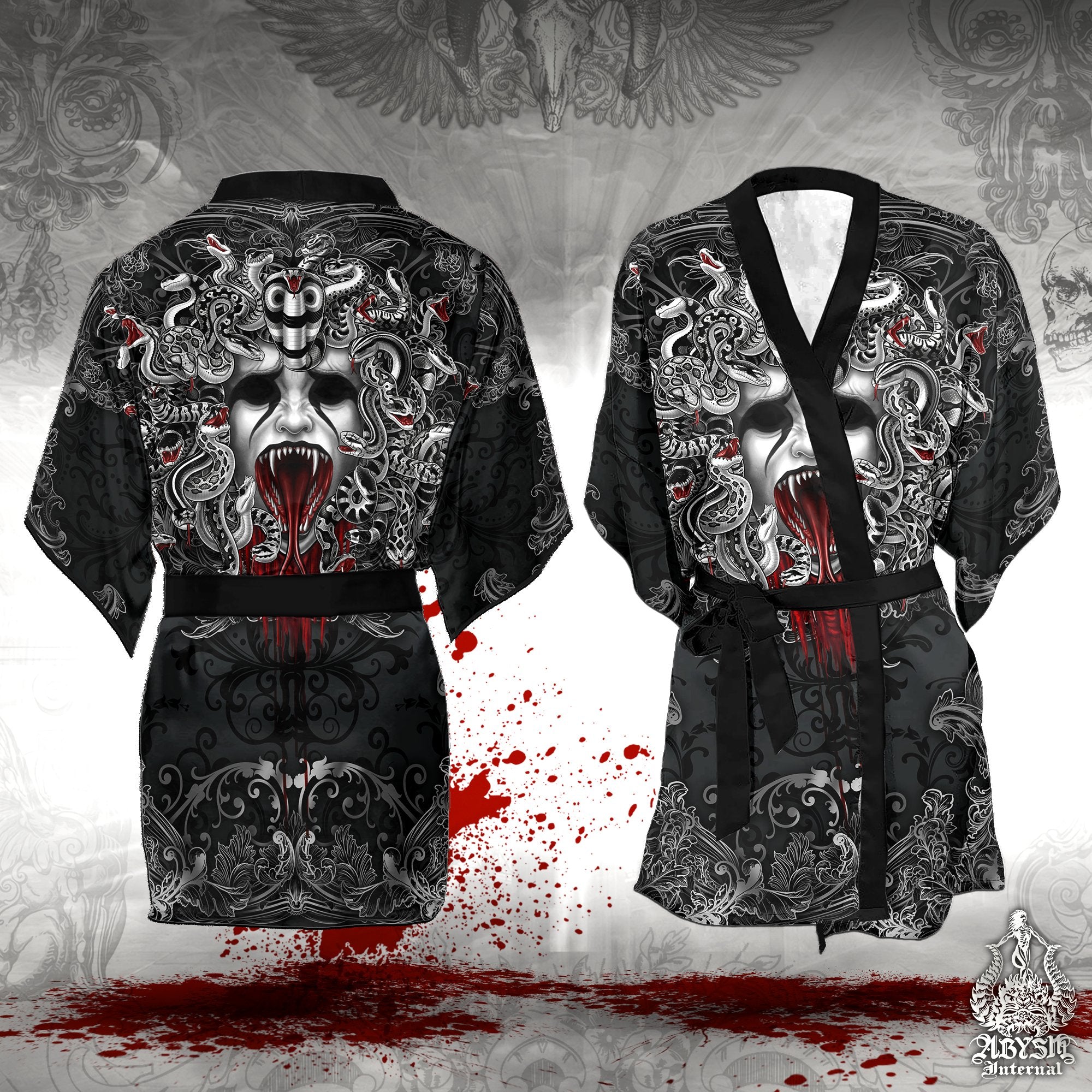 Black Gothic Short Kimono Robe, Beach Party Outfit, Medusa Coverup, Summer Festival, Nu Goth Alternative Clothing, Unisex - Skull, 2 Faces, 3 Colors - Abysm Internal