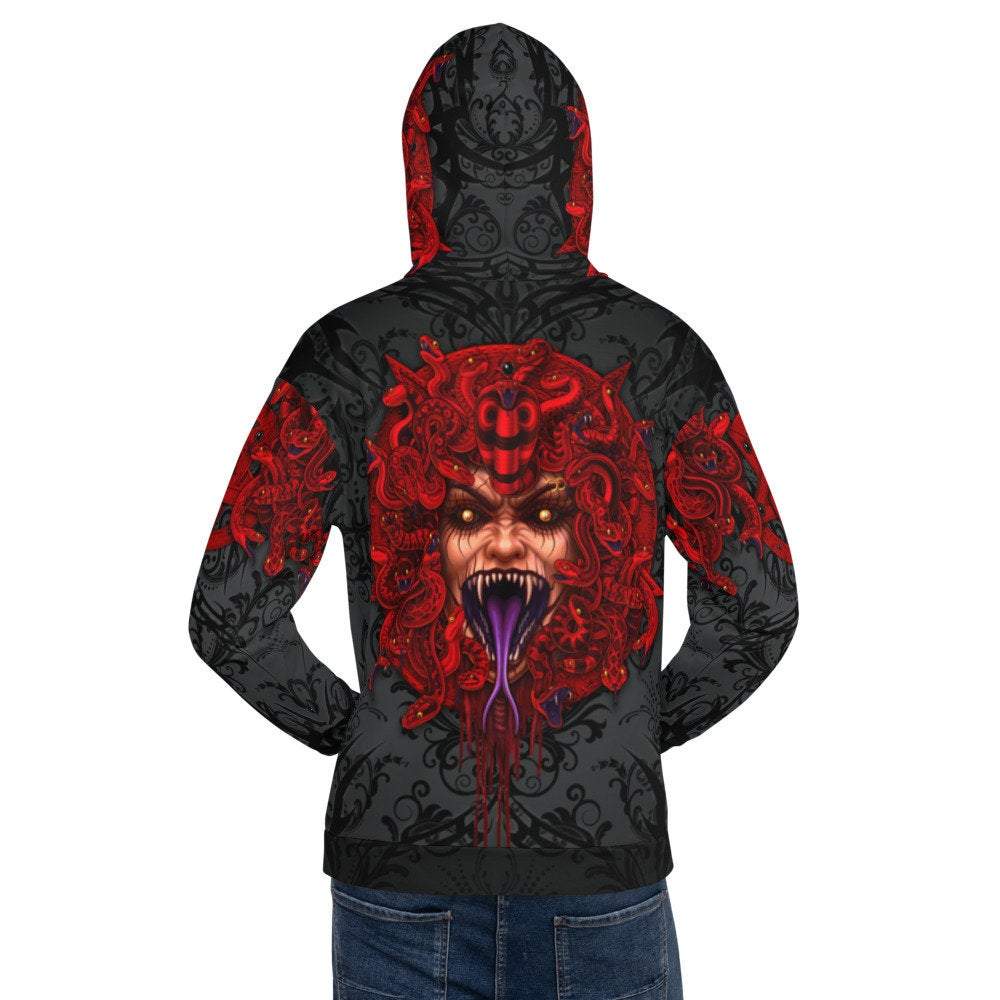 Black Metal Hoodie, Satanic Streetwear, Gothic Outfit, Alternative Clothing, Unisex - Demon Medusa, Red Pentagram - Abysm Internal