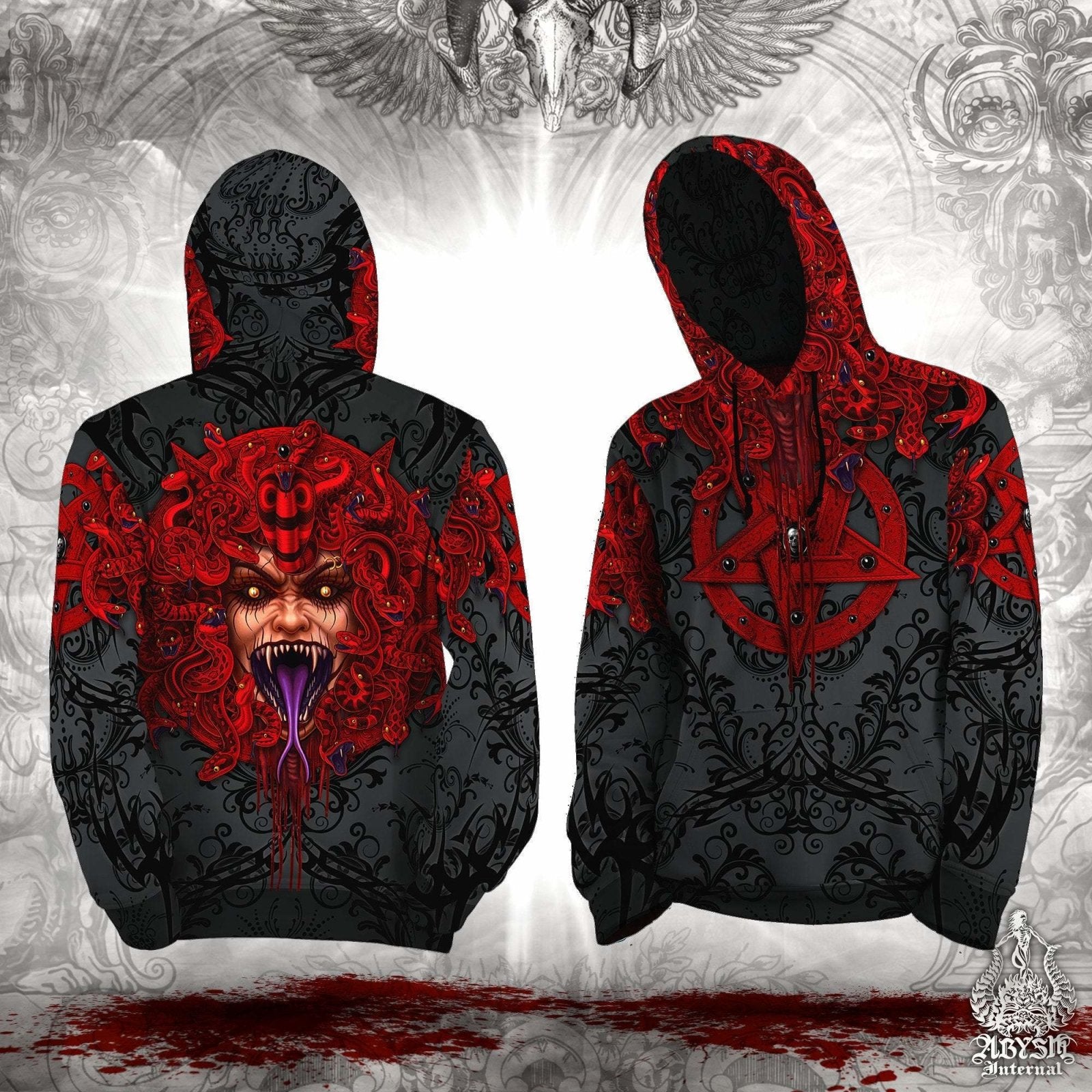 Black Metal Hoodie, Satanic Streetwear, Gothic Outfit, Alternative Clothing, Unisex - Demon Medusa, Red Pentagram - Abysm Internal