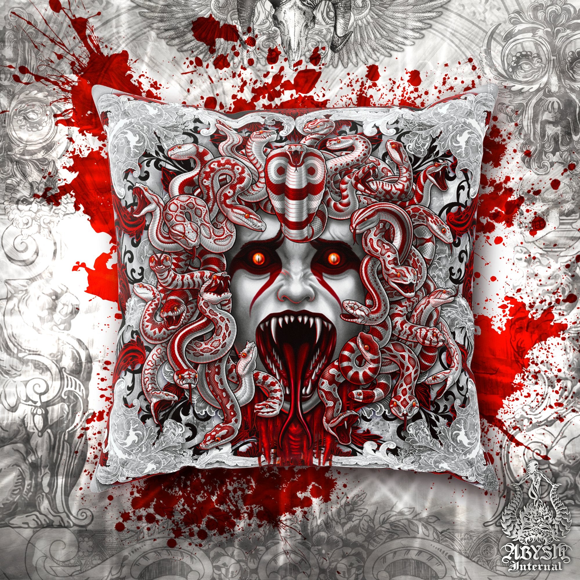 Bloody Skull Throw Pillow, Decorative Accent Pillow, Square Cushion Cover, White Goth Room Decor, Gothic Art, Horror Home - White Medusa, 4 Faces - Abysm Internal