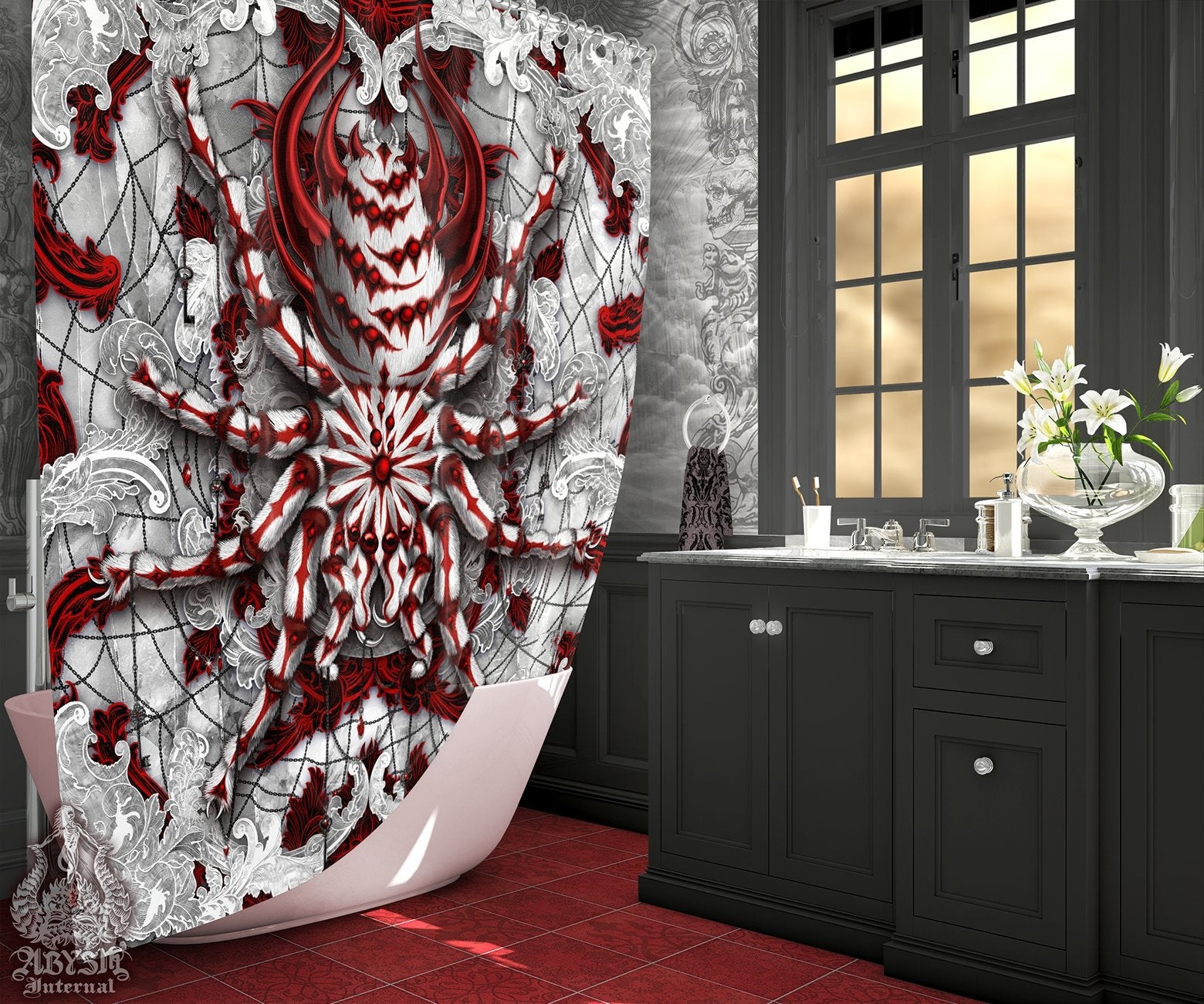 Bloody White Goth Shower Curtain, Gothic Bathroom Decor, Alternative Home - Spider, Tarantula Art - Abysm Internal