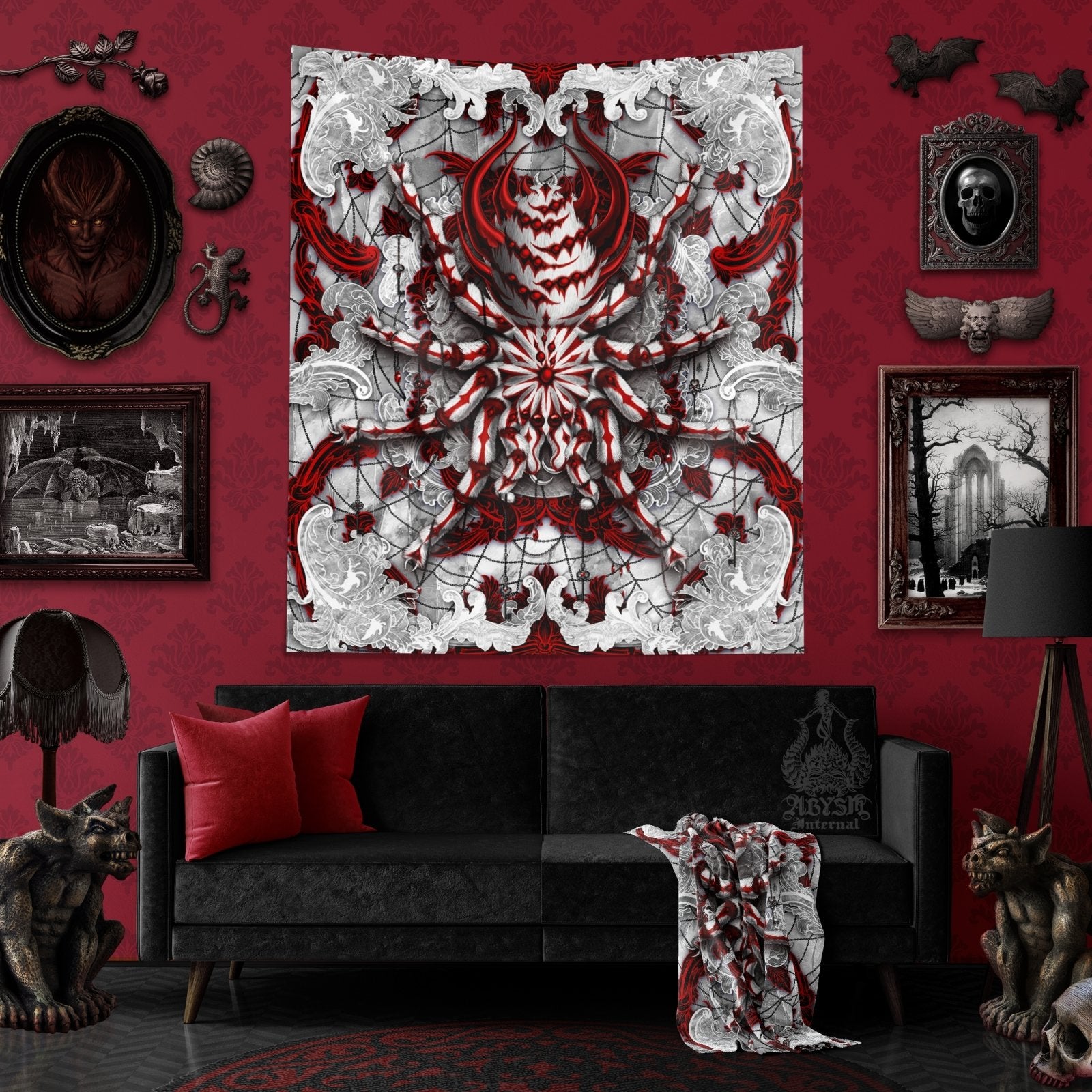 Bloody White Goth Tapestry, Spider Wall Hanging, Gothic Home Decor, Tarantula Art Print - Abysm Internal