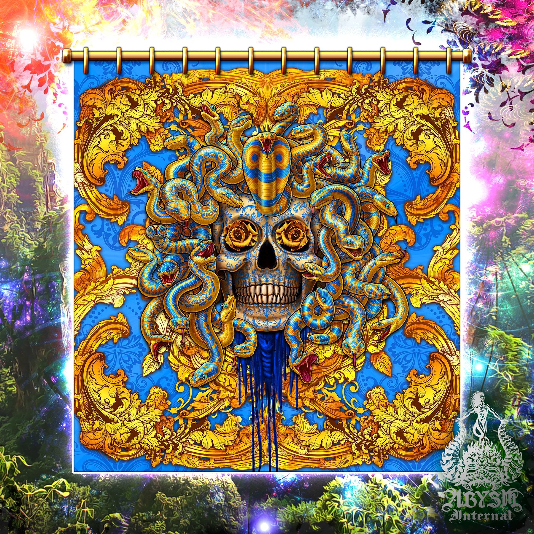 Blue Medusa Shower Curtain, 71x74 inches, Baroque Bathroom Decor, Victorian Ornaments, Eclectic Skull Artm and Funky Home - Cyan & Gold, 2 Faces - Abysm Internal