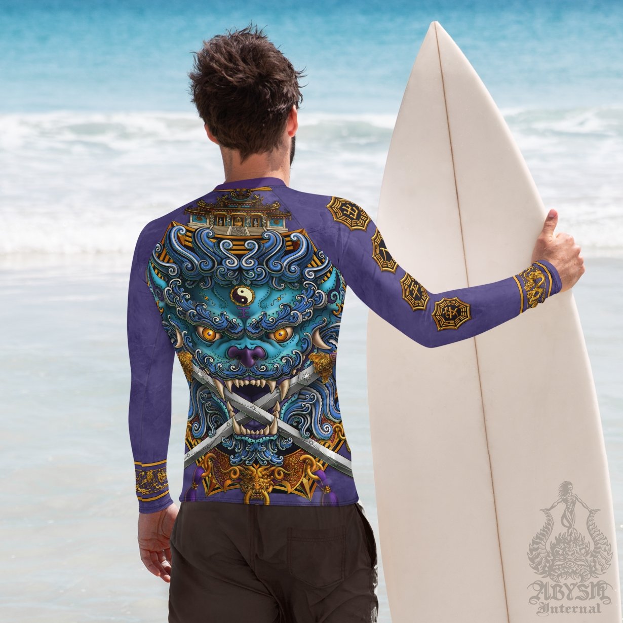 Blue Men's Rash Guard, Long Sleeve spandex shirt for surfing, swimwear top for water sports, Chinese Art, Taiwan Lion - Abysm Internal