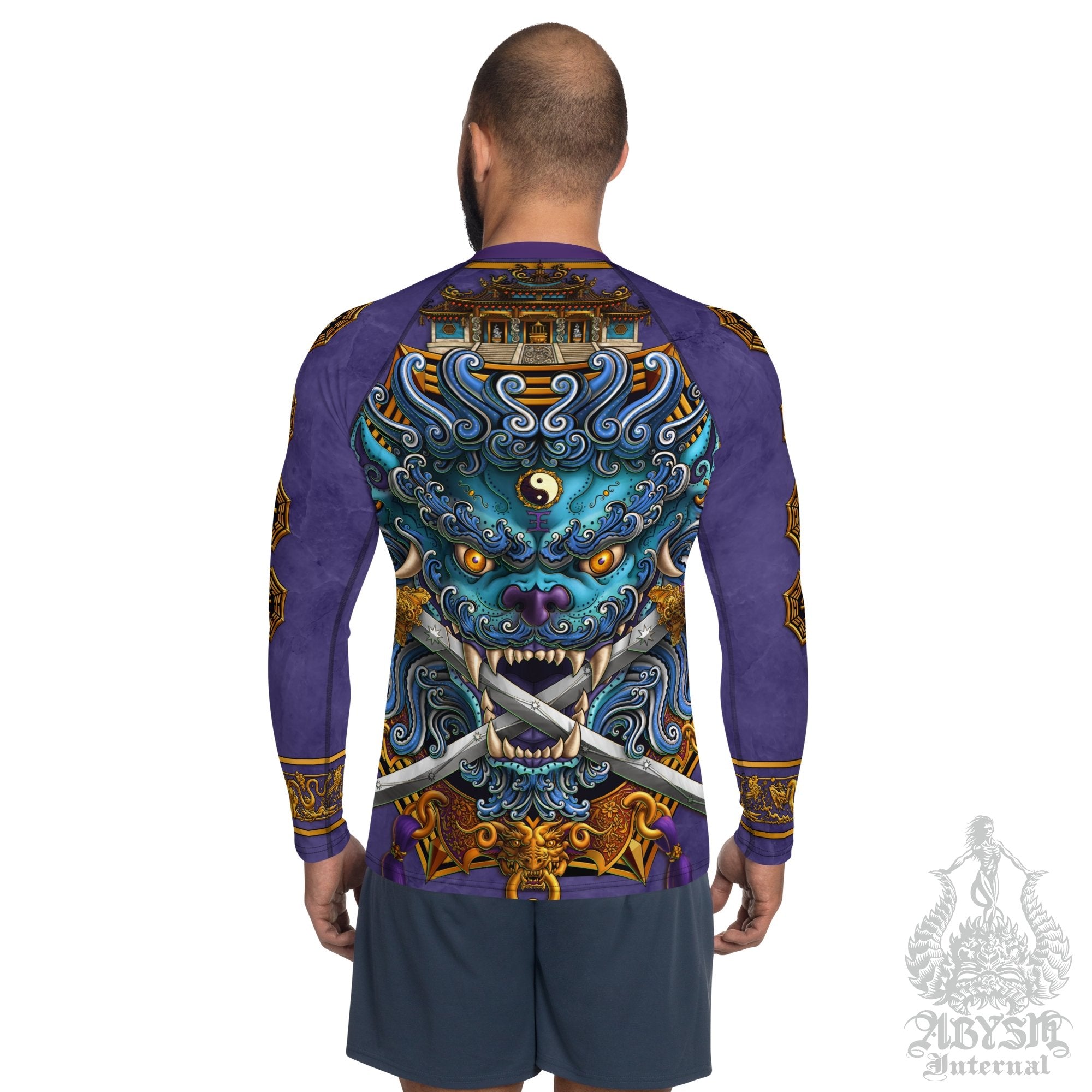 Blue Men's Rash Guard, Long Sleeve spandex shirt for surfing, swimwear top for water sports, Chinese Art, Taiwan Lion - Abysm Internal