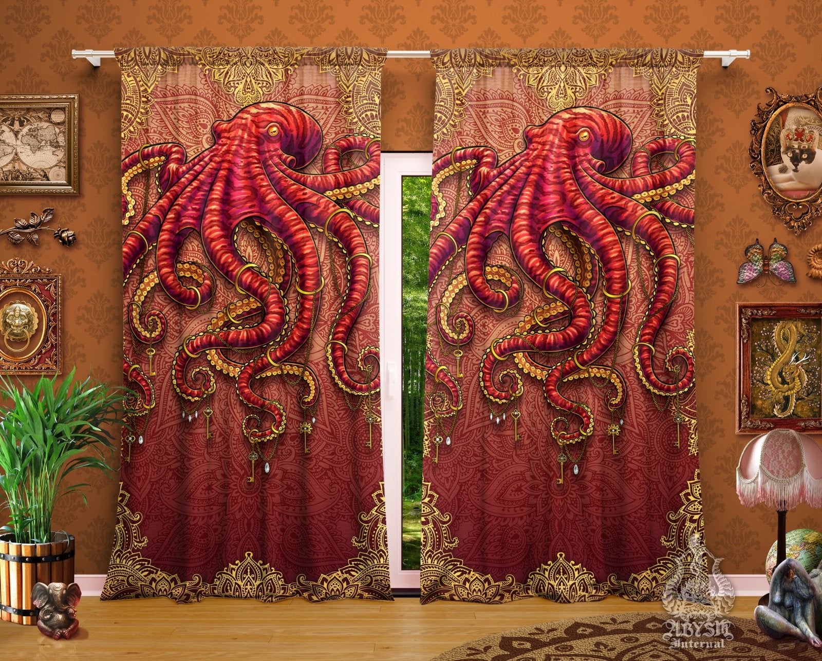 Bohemian Blackout Curtains, Long Window Panels, Hippie Beach House, Indie and Boho Room Decor, Art Print, Funky and Eclectic Home Decor - Octopus, Mandalas - Abysm Internal