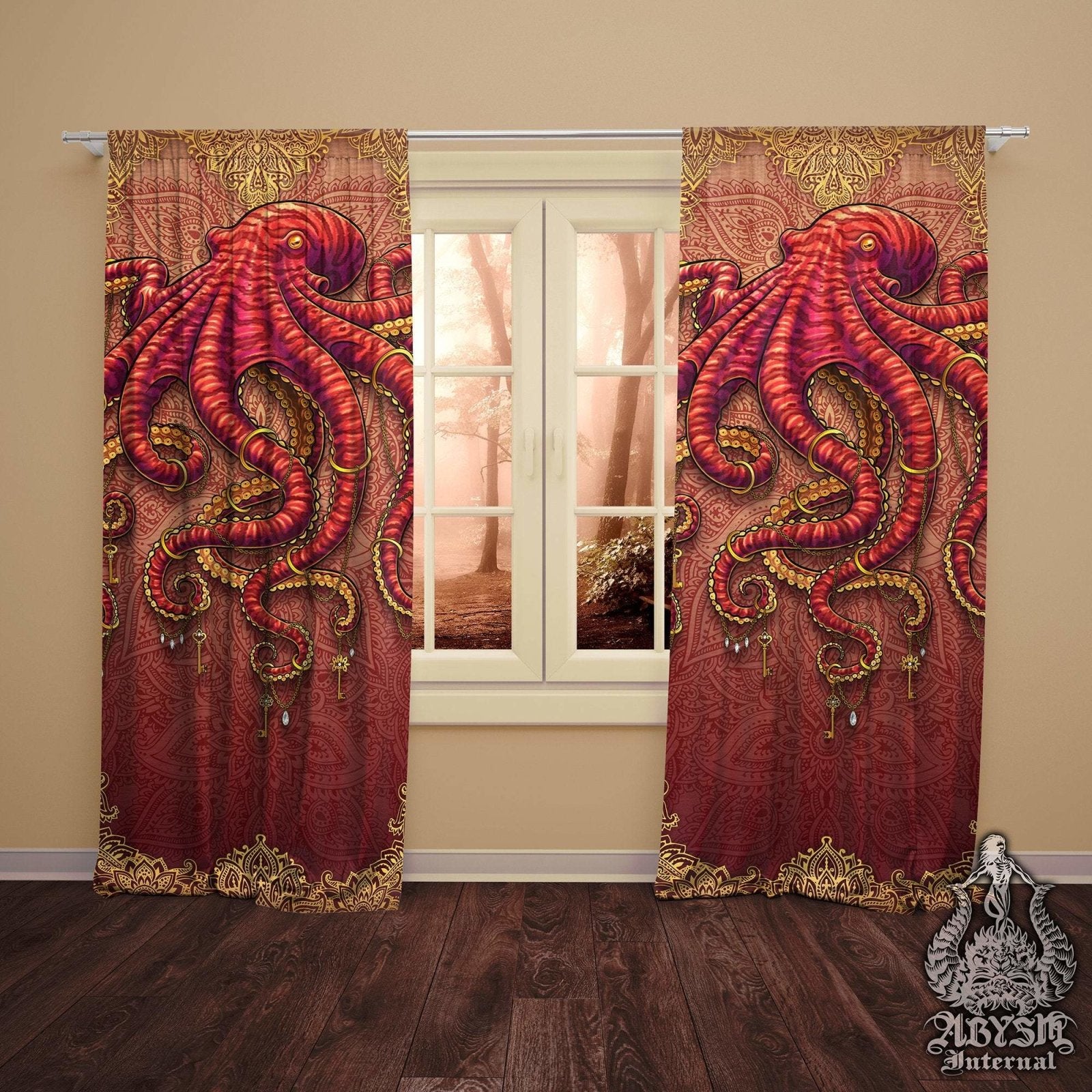 Bohemian Blackout Curtains, Long Window Panels, Hippie Beach House, Indie and Boho Room Decor, Art Print, Funky and Eclectic Home Decor - Octopus, Mandalas - Abysm Internal