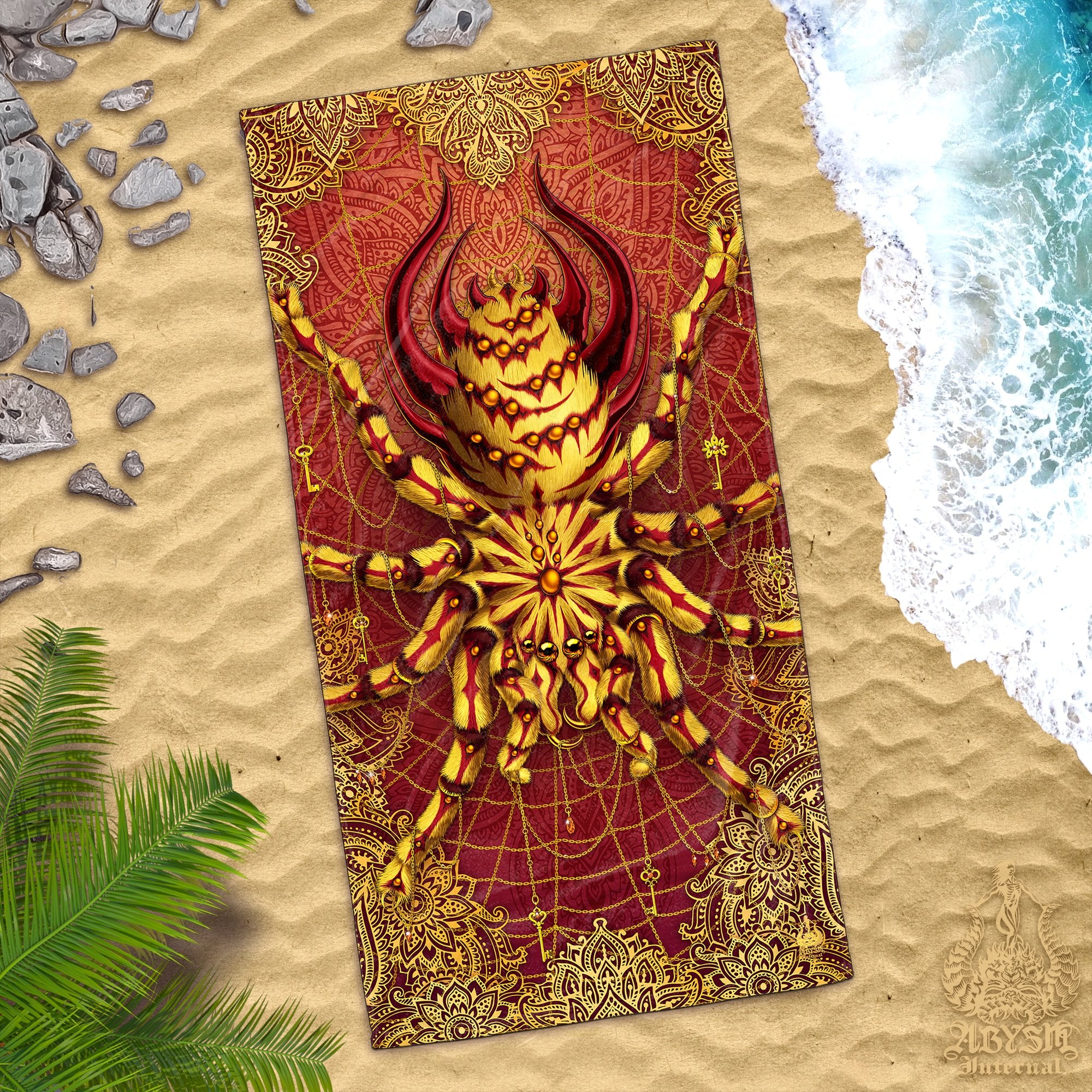Boho Beach Towel, Indie Gift, Mandala - Treble Clef Music Dragon, Octopus, Spider - Abysm Internal