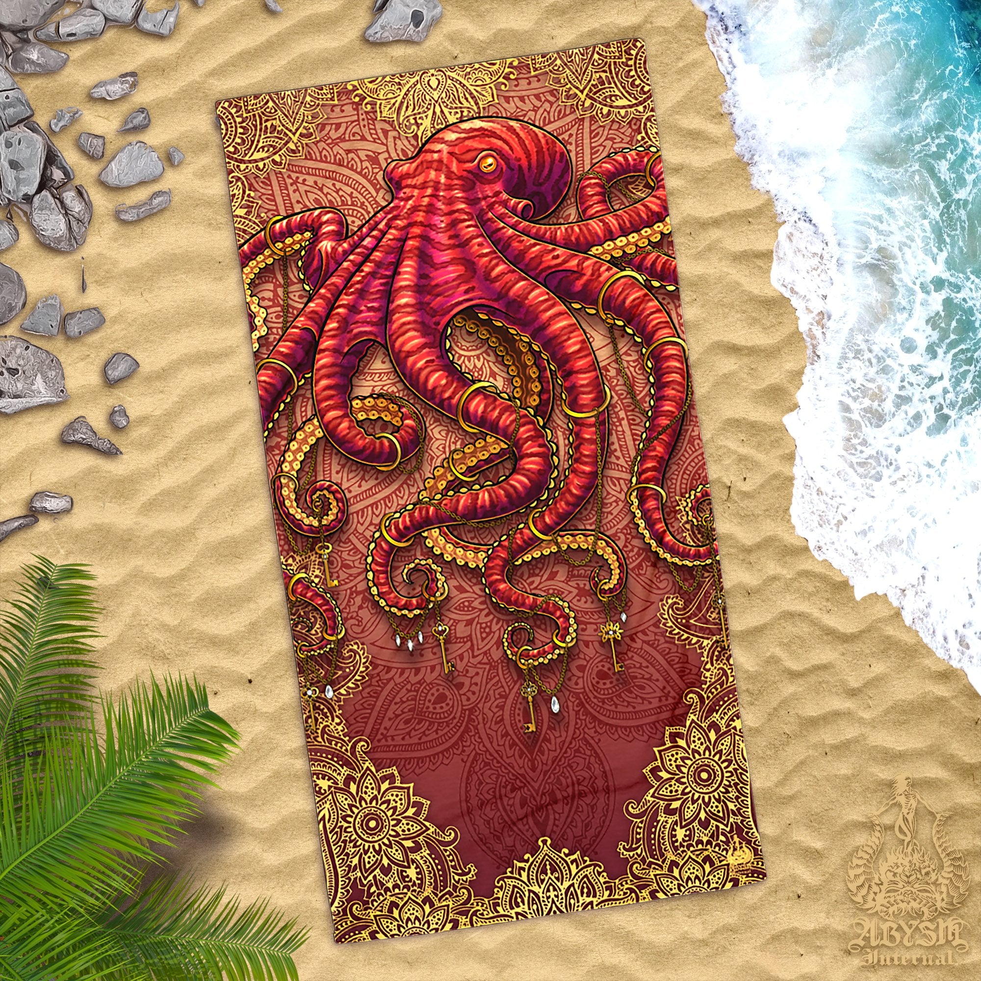 Boho Beach Towel, Indie Gift, Mandala - Treble Clef Music Dragon, Octopus, Spider - Abysm Internal