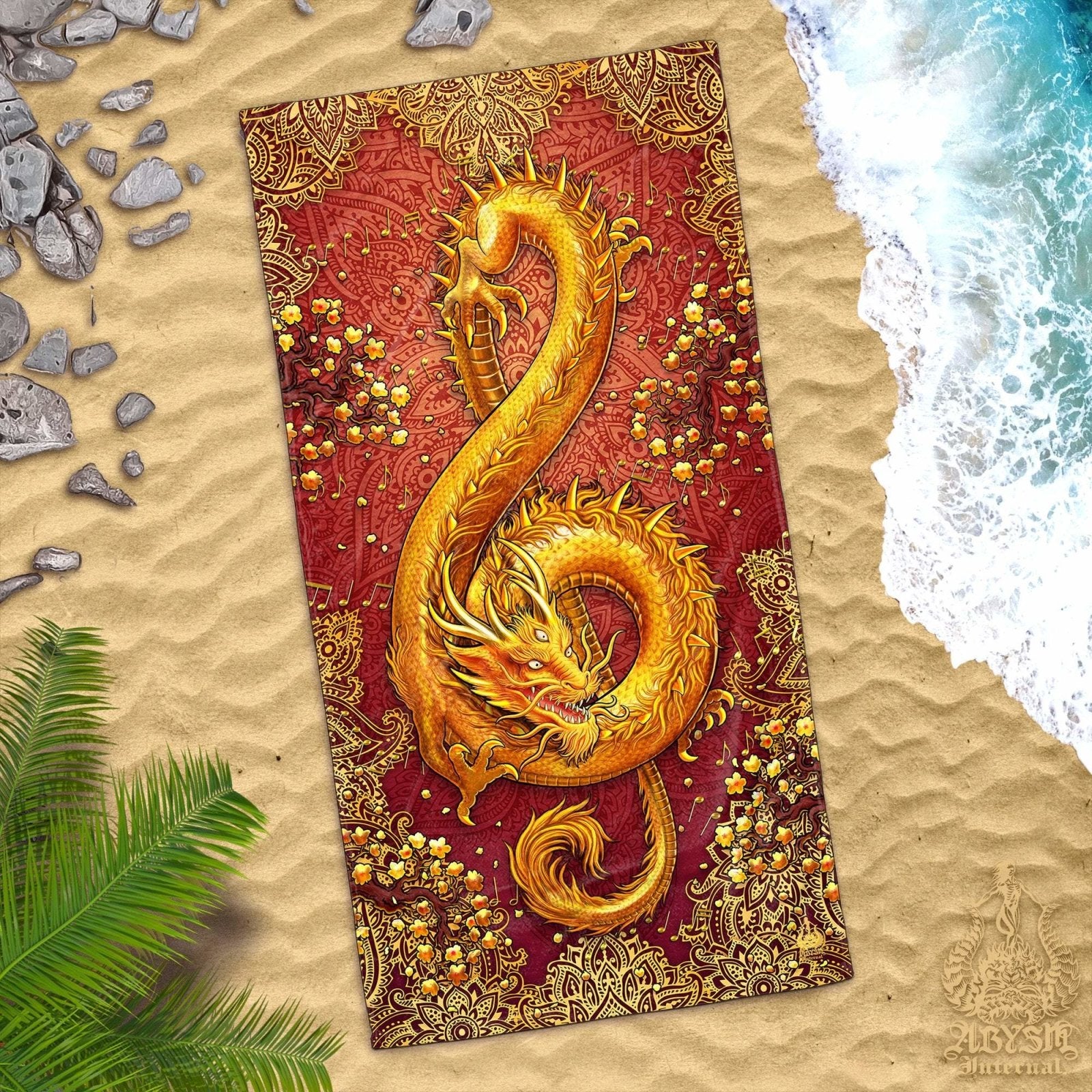 Boho Beach Towel, Treble Clef Music Note - Gold Dragon, Mandala - Abysm Internal