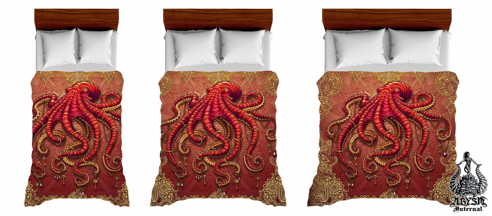 Boho Bedding Set, Comforter and Duvet, Beach Bed Cover, Coastal Bedroom Decor, King, Queen and Twin Size - Octopus - Abysm Internal