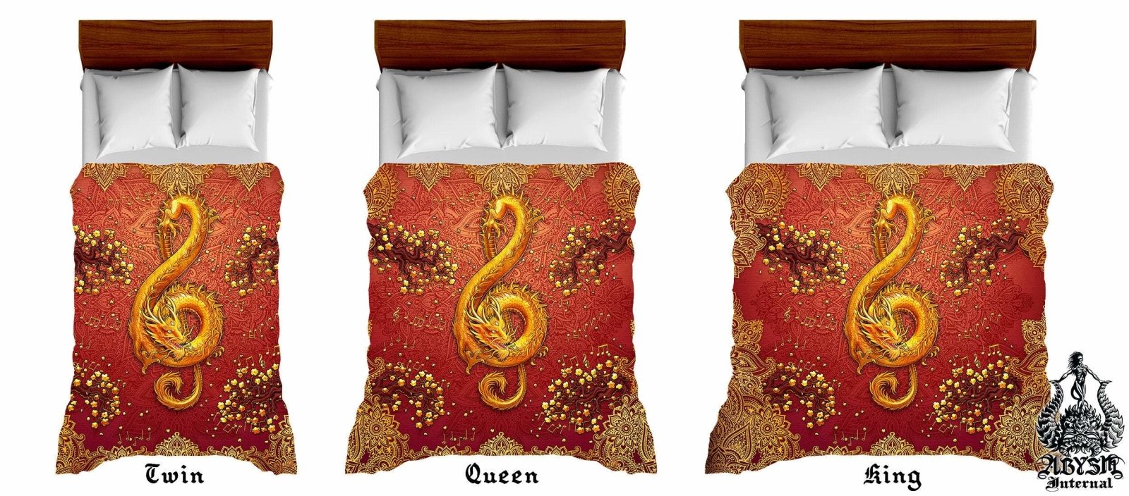 Boho Bedding Set, Comforter and Duvet, Music Art, Hippie Bed Cover and Bedroom Decor, King, Queen and Twin Size - Gold Dragon, Mandalas - Abysm Internal