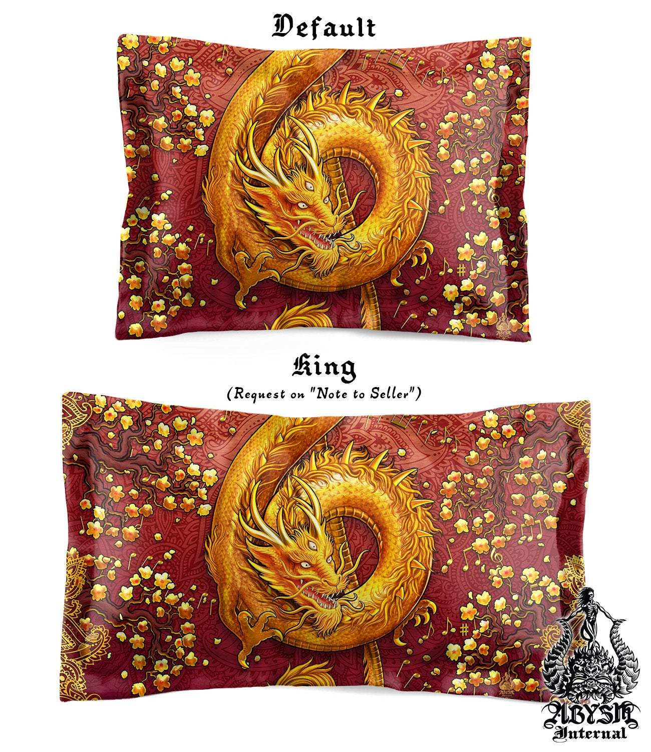 Boho Bedding Set, Comforter and Duvet, Music Art, Hippie Bed Cover and Bedroom Decor, King, Queen and Twin Size - Gold Dragon, Mandalas - Abysm Internal