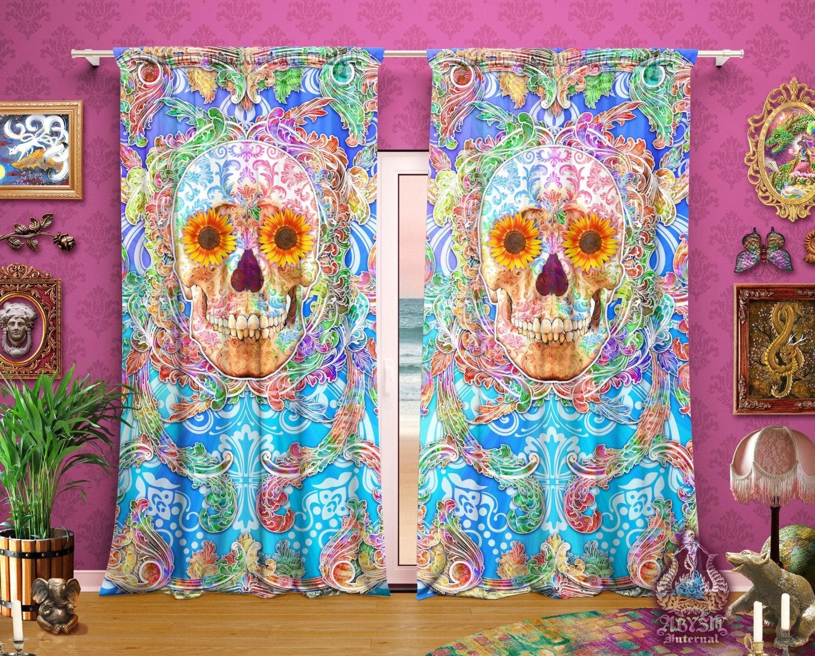 Boho Blackout Curtains, Long Window Panels, Sugar Skull Art Print, Festive Summer Decor - Psy Color with Flowers - Abysm Internal