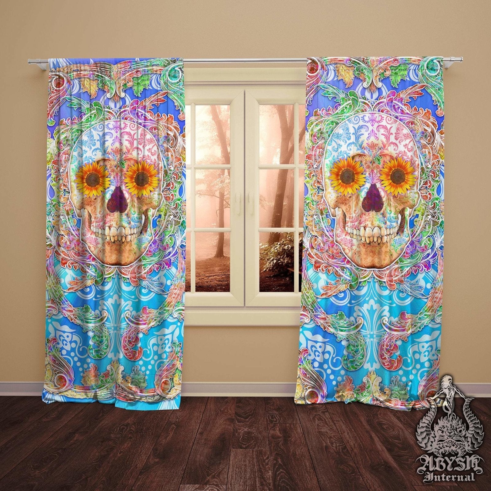 Boho Blackout Curtains, Long Window Panels, Sugar Skull Art Print, Festive Summer Decor - Psy Color with Flowers - Abysm Internal