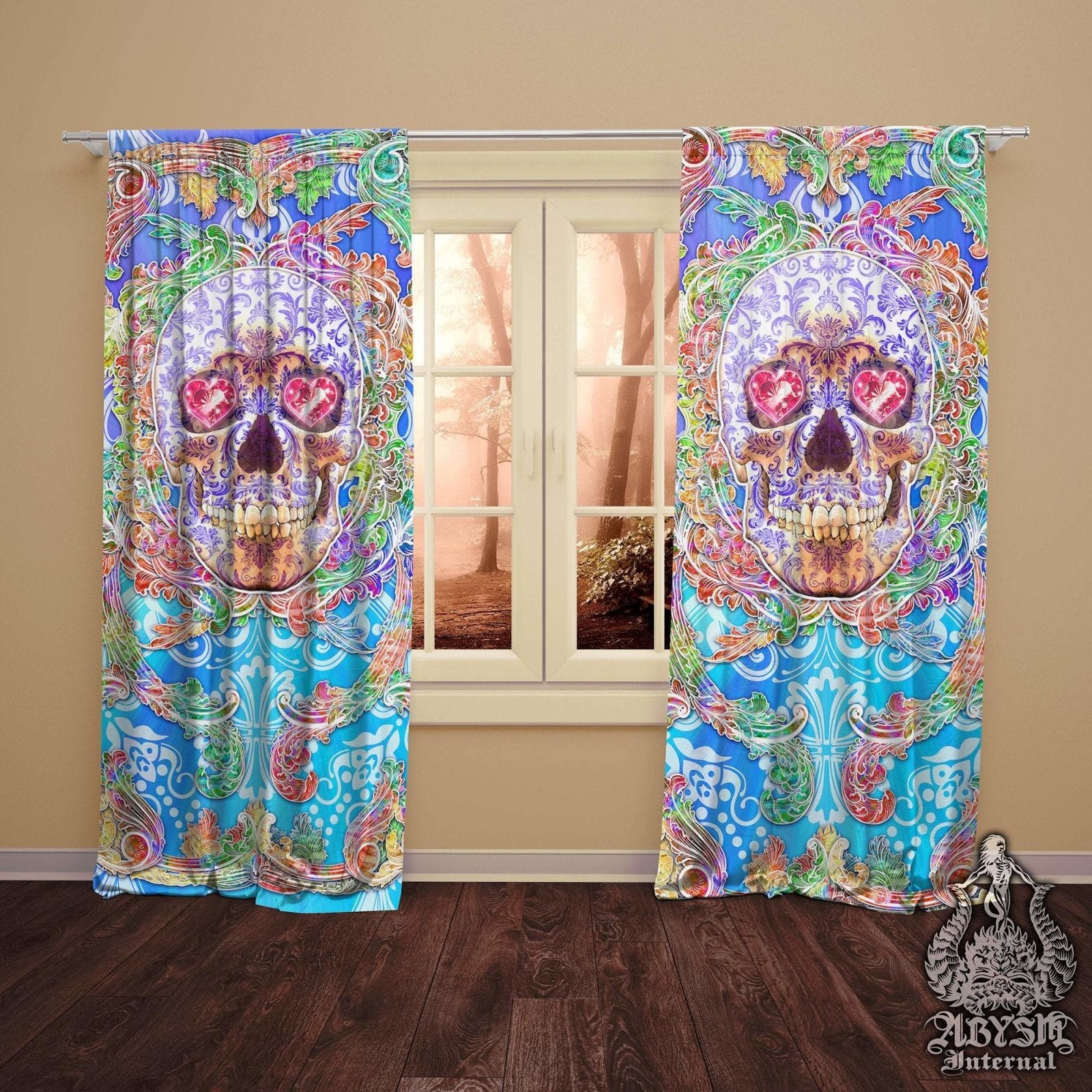 Boho Blackout Curtains, Long Window Panels, Sugar Skull Art Print, Festive Summer Decor - Psy Purple with Rubies - Abysm Internal