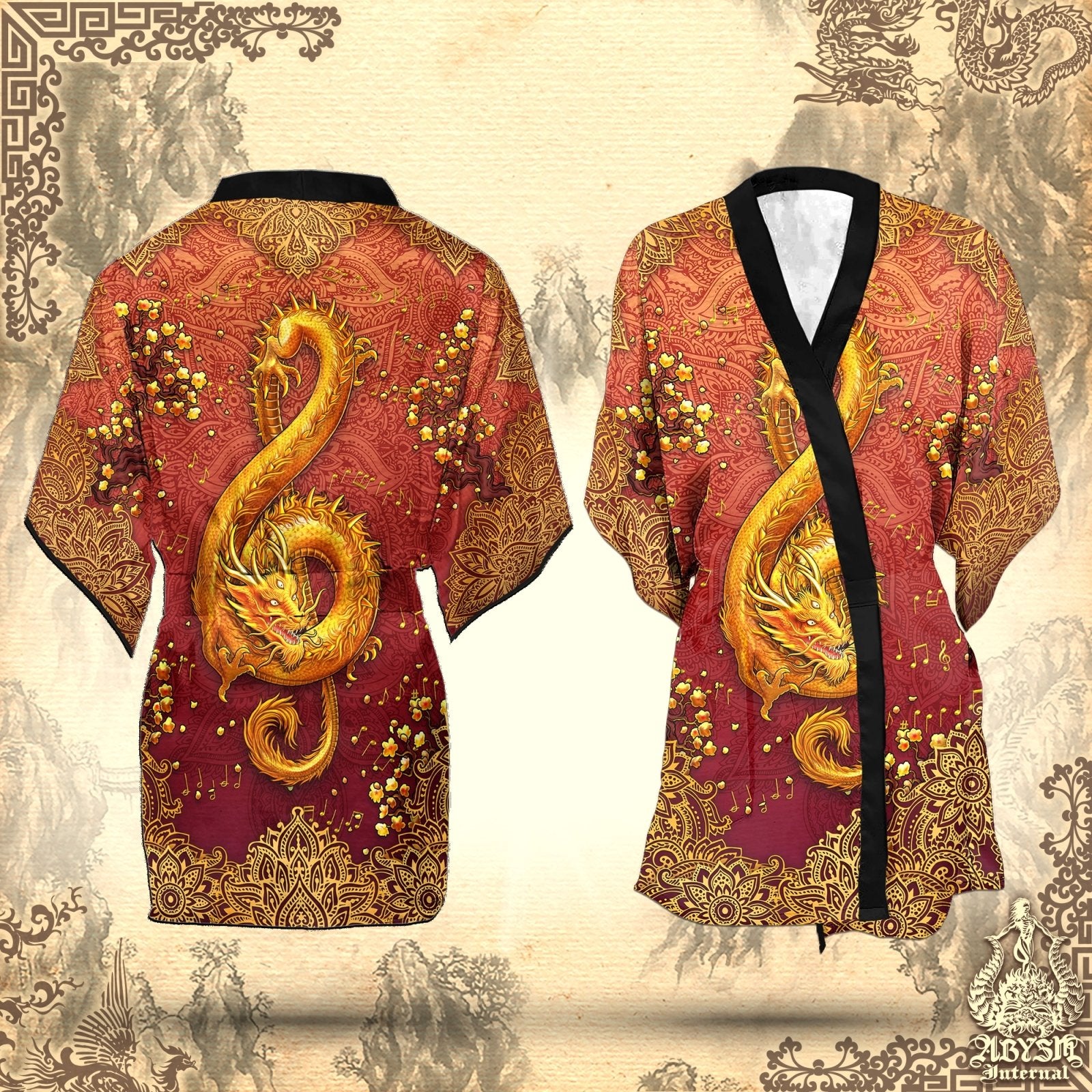 Boho Music Cover Up, Beach Outfit, Party Kimono, Summer Festival Robe, Indie and Alternative Clothing, Unisex - Dragon, Mandala - Abysm Internal