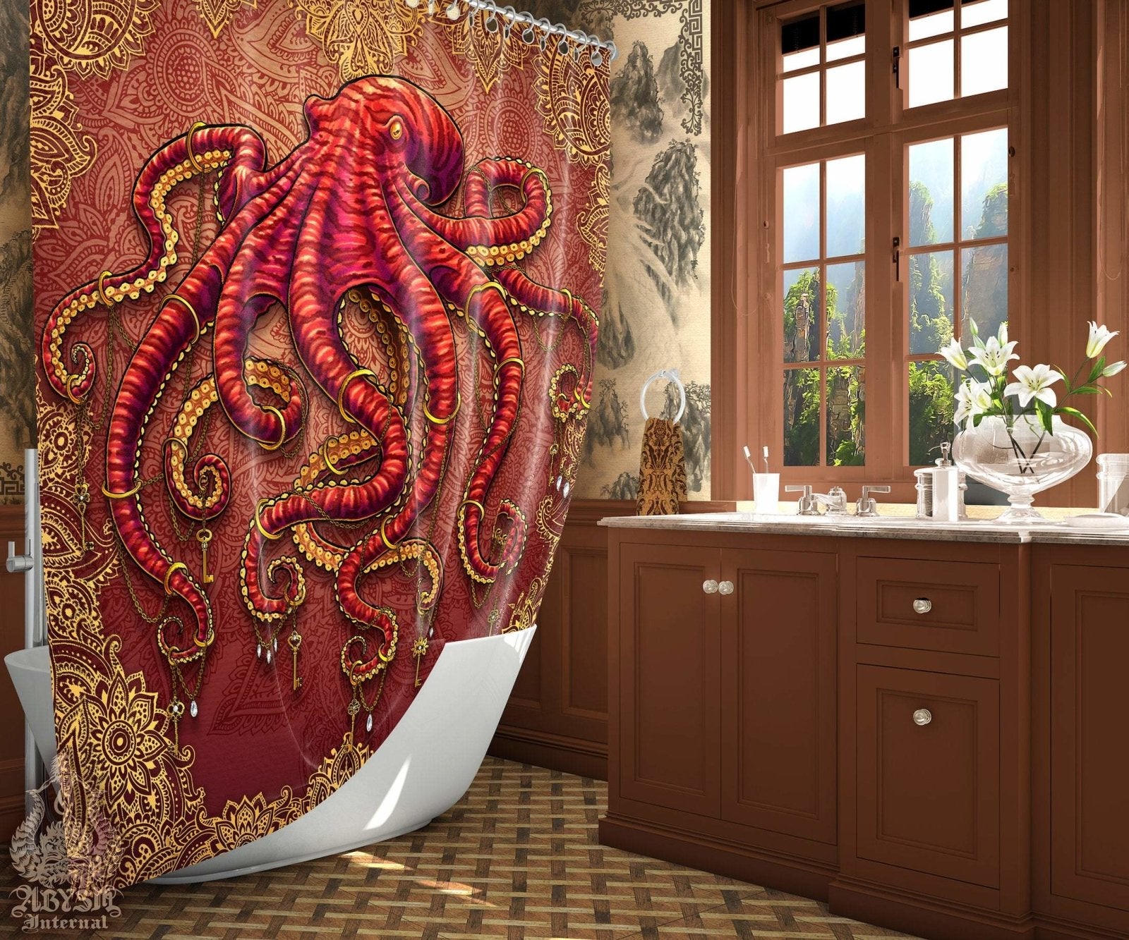 Boho Shower Curtain, Indie and Hippie Bathroom Decor, Eclectic and Funky Home - Octopus and Mandalas - Abysm Internal