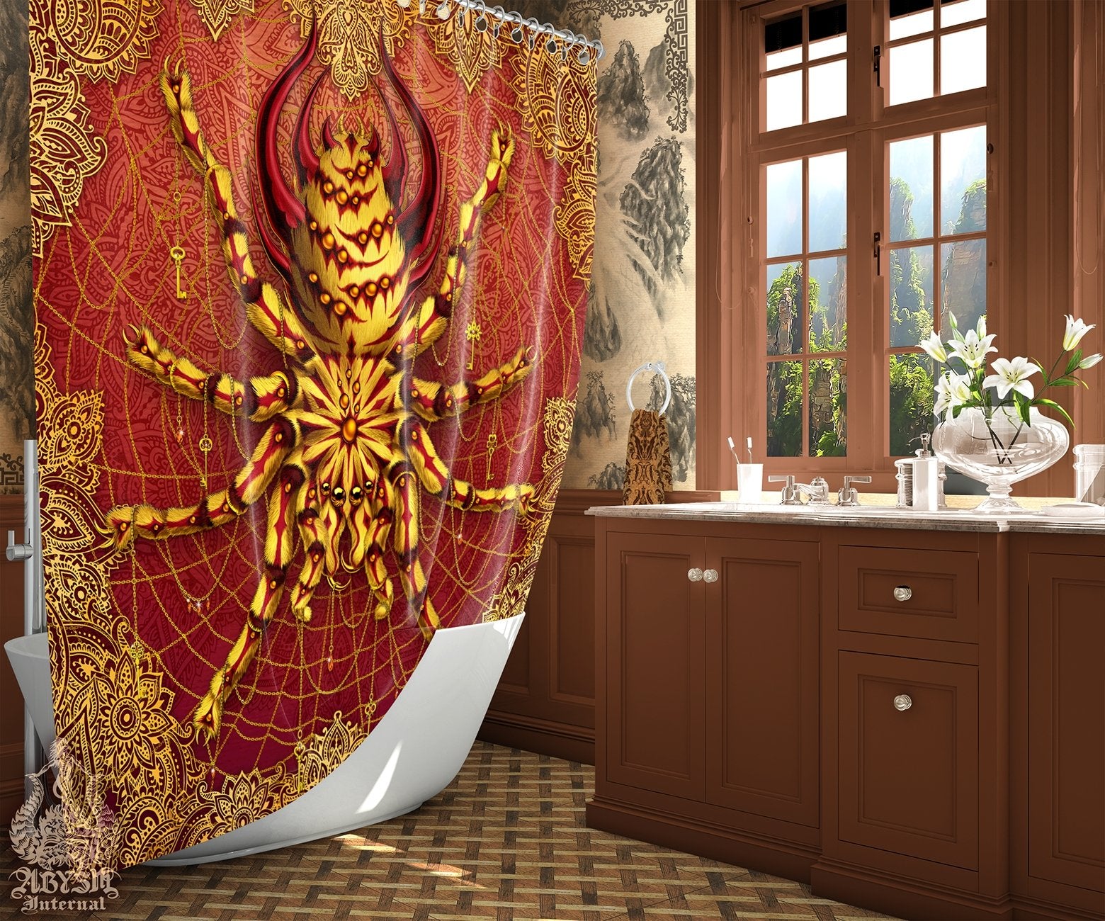 Boho Shower Curtain, Indie Bathroom Decor, Alternative Nature Home, Eclectic and Funky Home - Spider, Mandalas, Tarantula Art - Abysm Internal