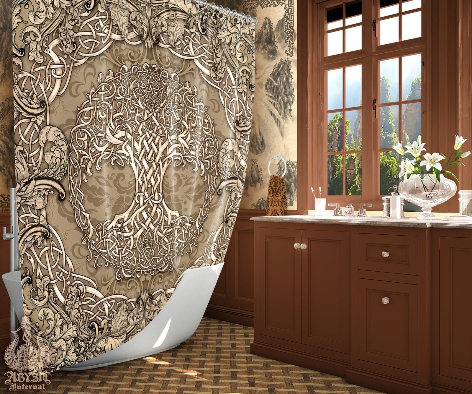 Boho Shower Curtain, Tree of Life, Indie Bathroom Decor, Pagan Art, Celtic Knot, Eclectic and Funky Home - Cream - Abysm Internal