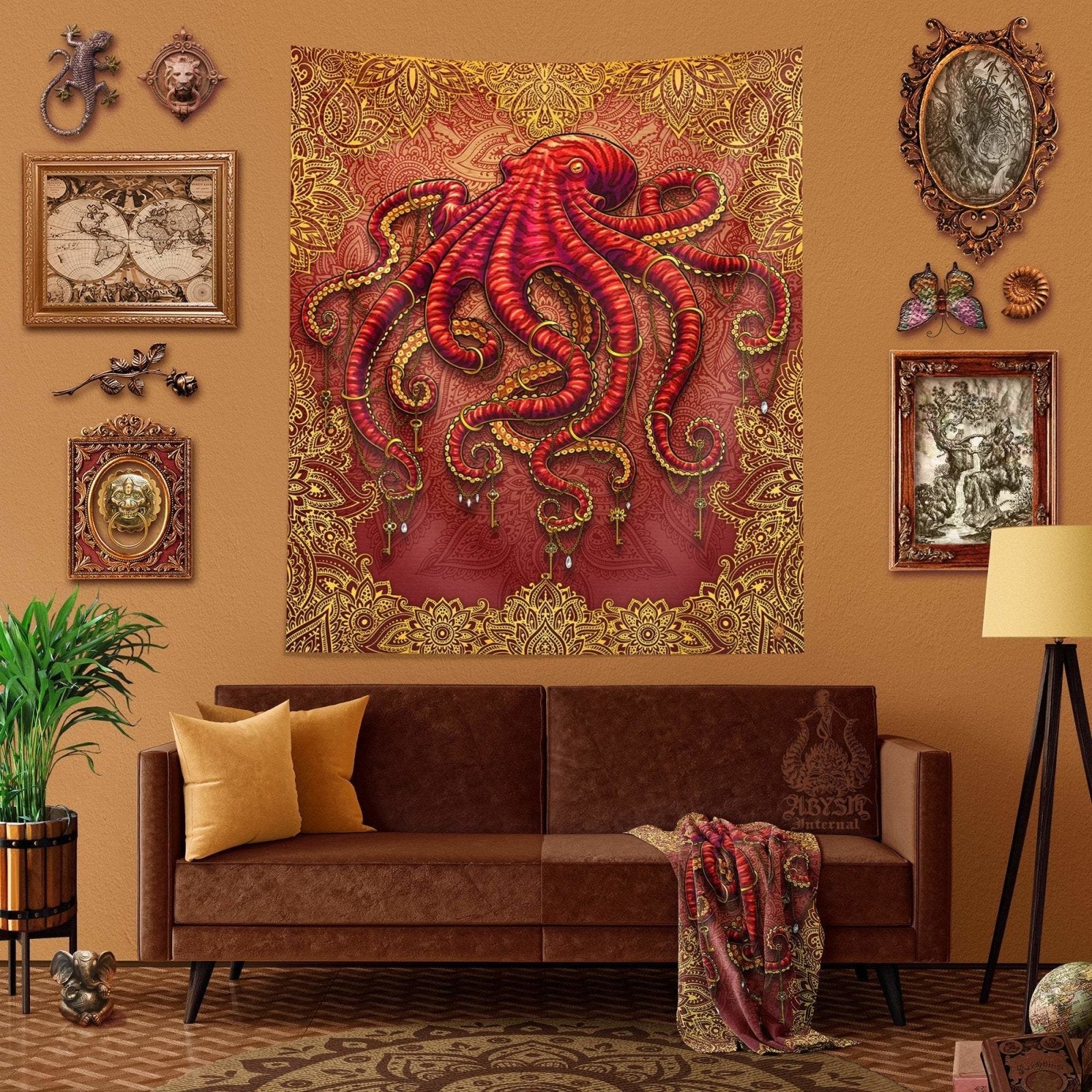 Boho Tapestry, Indie Wall Hanging, Hippie Home Decor, Art Print, Eclectic and Funky - Octopus, Mandalas - Abysm Internal
