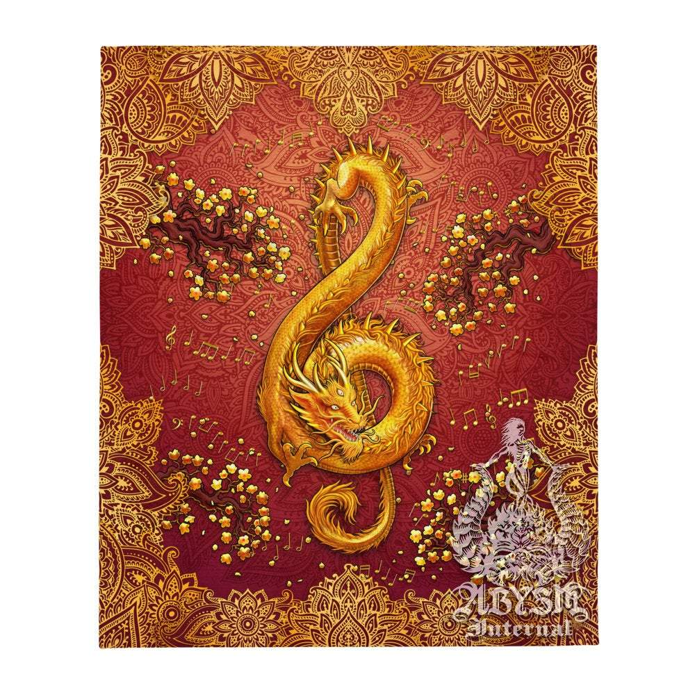 Boho Tapestry, Music Wall Hanging, Indie and Hippie Home Decor, Art Print, Eclectic and Funky - Gold Dragon, Mandalas, Treble Clef - Abysm Internal