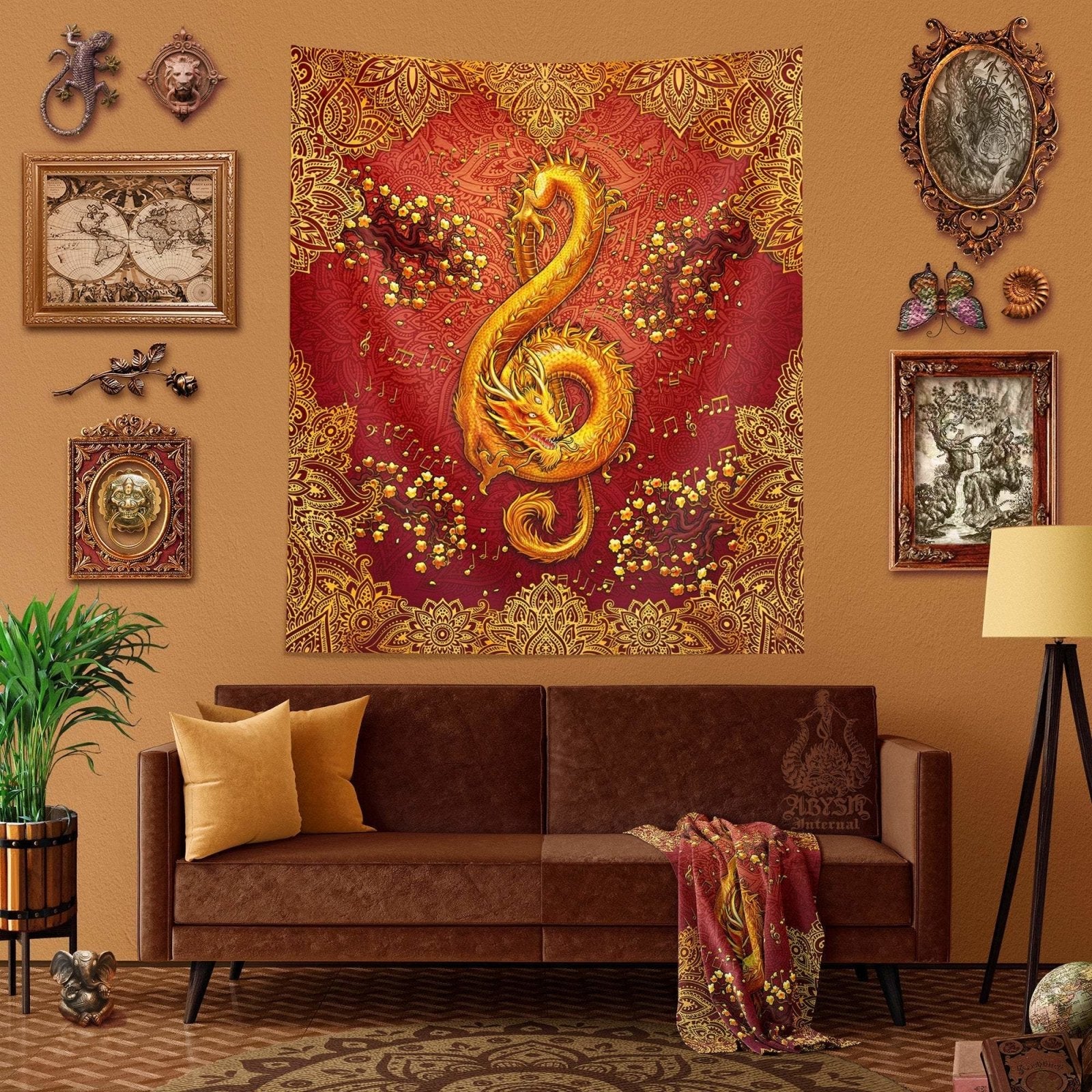 Boho Tapestry, Music Wall Hanging, Indie and Hippie Home Decor, Art Print, Eclectic and Funky - Gold Dragon, Mandalas, Treble Clef - Abysm Internal