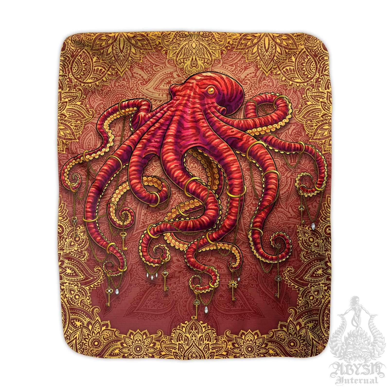 Boho Throw Fleece Blanket, Indie Gift, Beach Home Decor, Eclectic and Funky Gift - Octopus, Mandalas - Abysm Internal