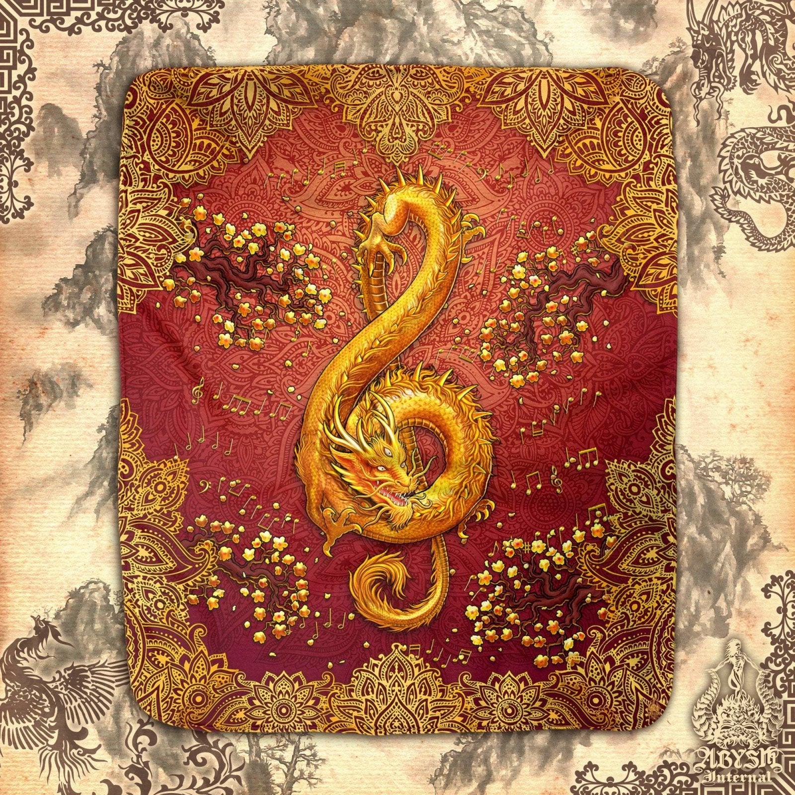 Boho Throw Fleece Blanket, Treble Clef, Music Art, Hippie and Indie Decor, Eclectic and Funky Gift - Gold Dragon, Mandala - Abysm Internal