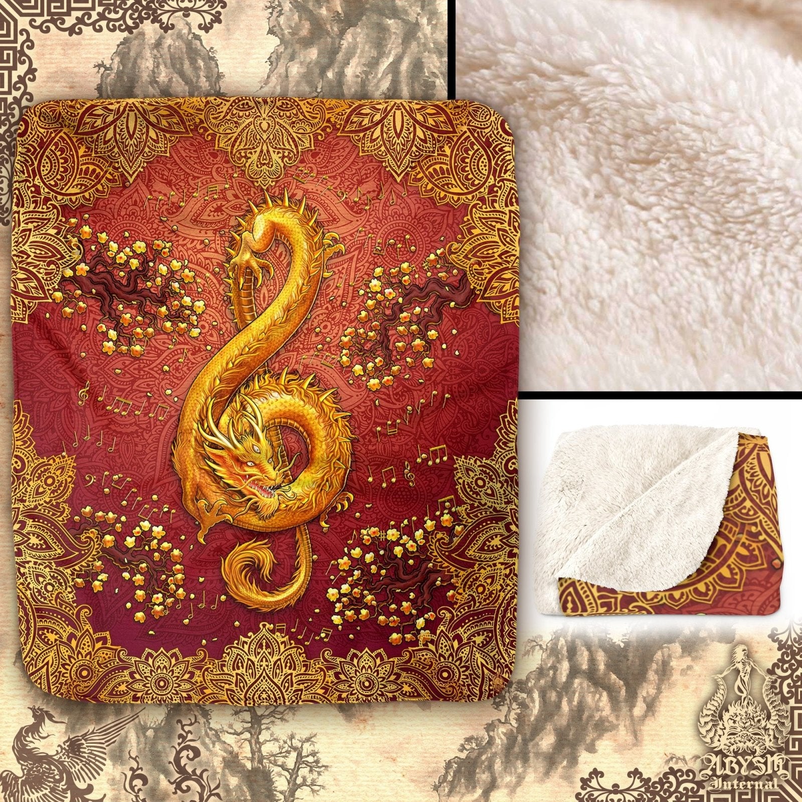 Boho Throw Fleece Blanket, Treble Clef, Music Art, Hippie and Indie Decor, Eclectic and Funky Gift - Gold Dragon, Mandala - Abysm Internal
