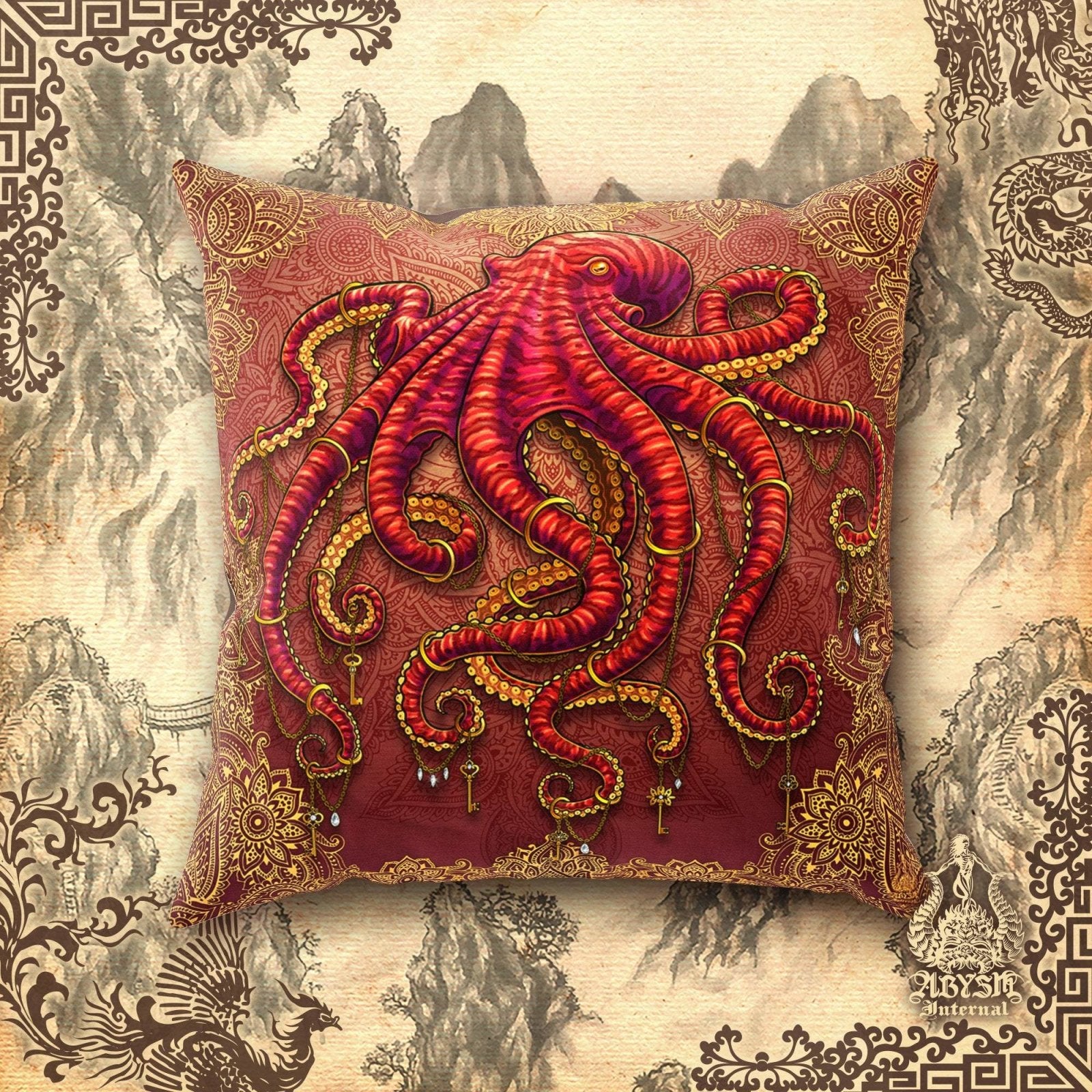 Boho Throw Pillow, Decorative Accent Cushion, Beach Room Decor, Indie and Eclectic Design, Funky Home - Octopus and Mandalas - Abysm Internal