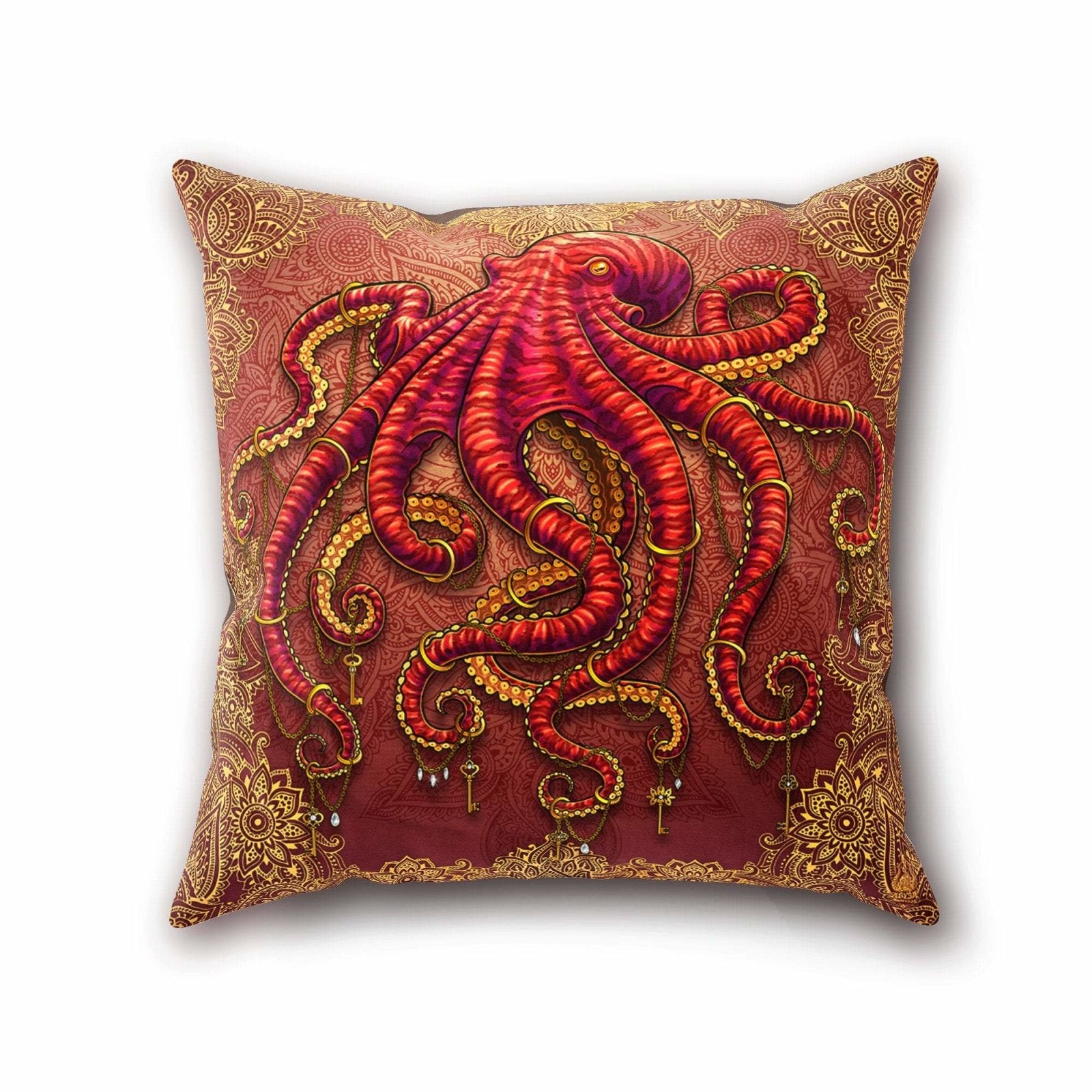 Boho Throw Pillow, Decorative Accent Cushion, Beach Room Decor, Indie and Eclectic Design, Funky Home - Octopus and Mandalas - Abysm Internal