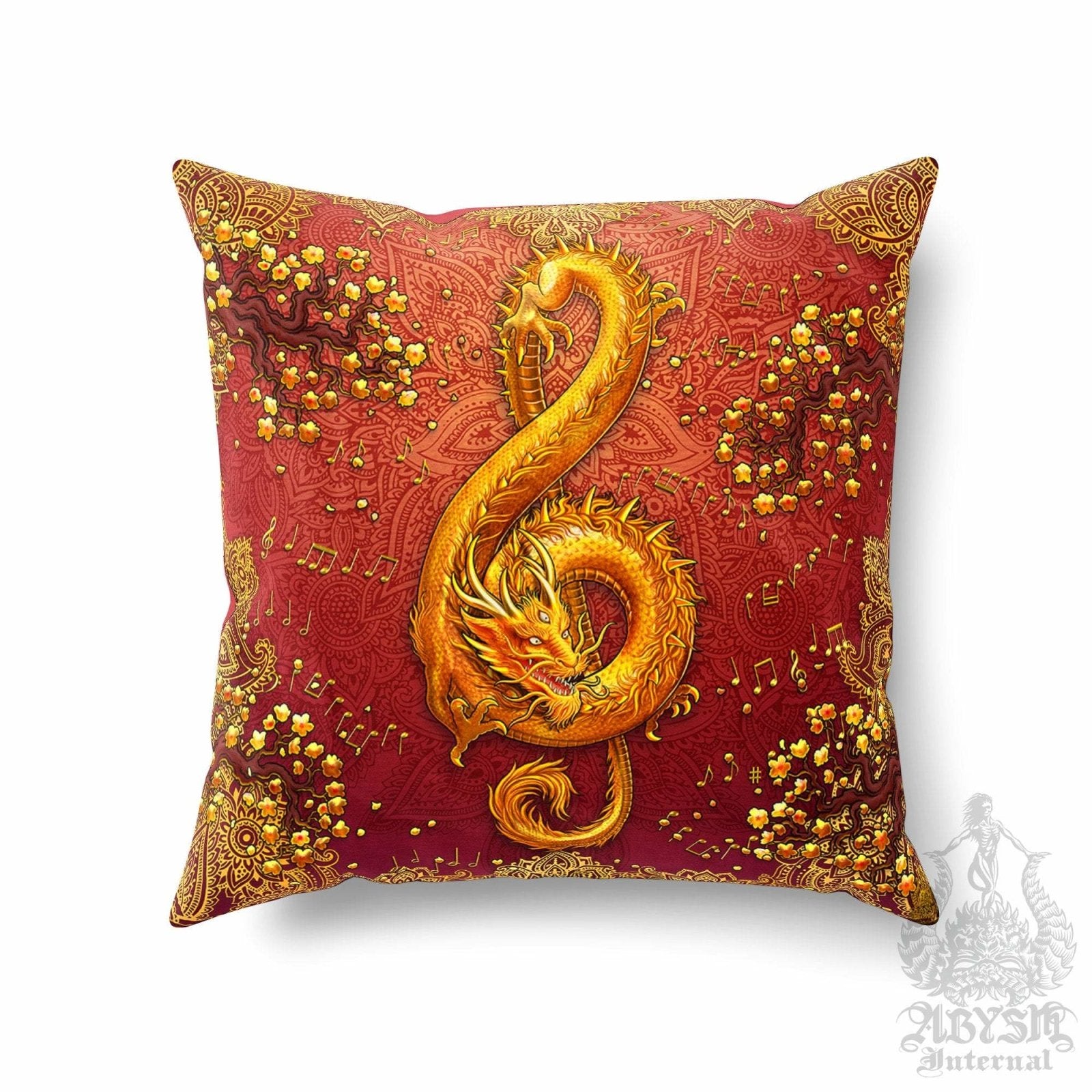 Boho Throw Pillow, Decorative Accent Cushion, Hippie and Indie Home, Music Room Decor, Funky and Eclectic - Treble Clef, Gold Dragon, Mandalas - Abysm Internal