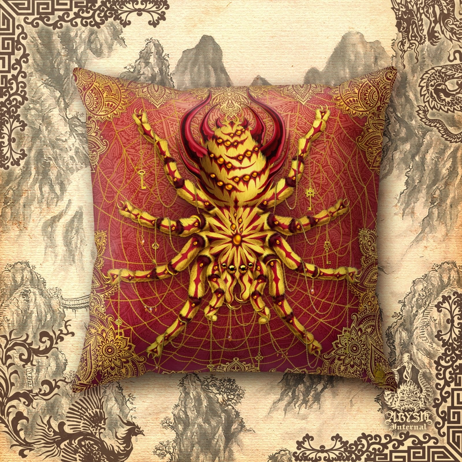 Boho Throw Pillow, Decorative Accent Cushion, Indie Room Decor, Funky and Eclectic Home - Tarantula, Spider - Abysm Internal