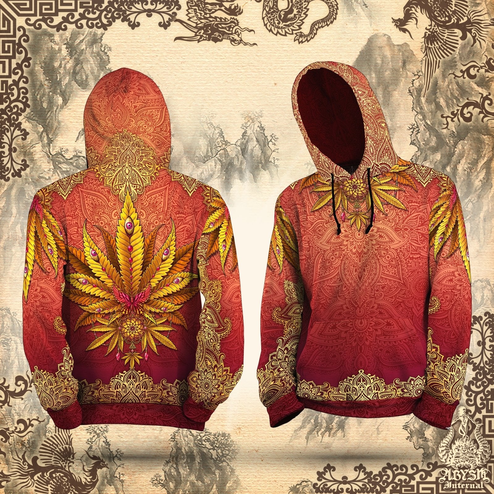 Boho Weed Hoodie, Hippie Clothes, Cannabis Festival Outfit, Trippy Streetwear, Indie and Alternative Clothing, Unisex, 420 Gift - Marijuana, Mandalas - Abysm Internal