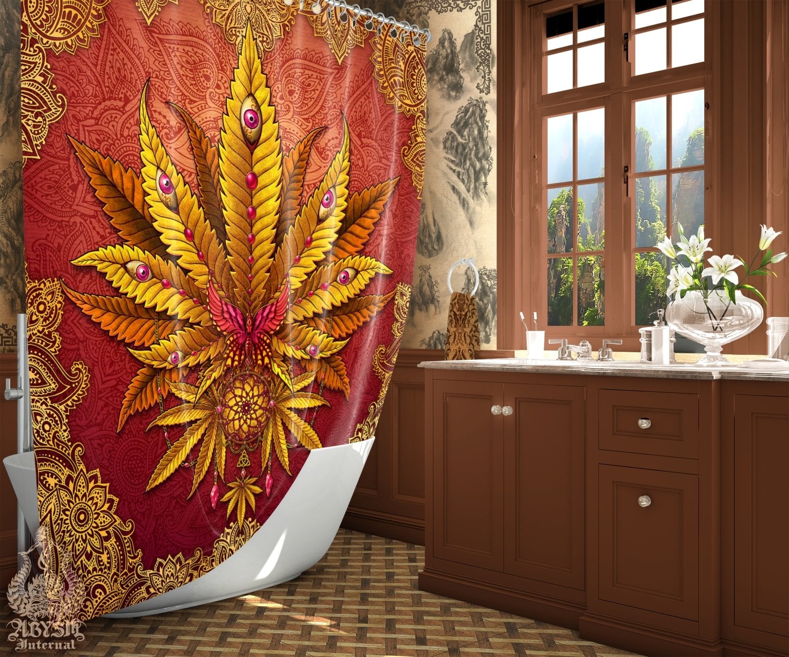 Boho Weed Shower Curtain, Hippie Bathroom Decor, Indie Cannabis Print, Bohemian 420 Home Art - Marijuana, Mandalas - Abysm Internal