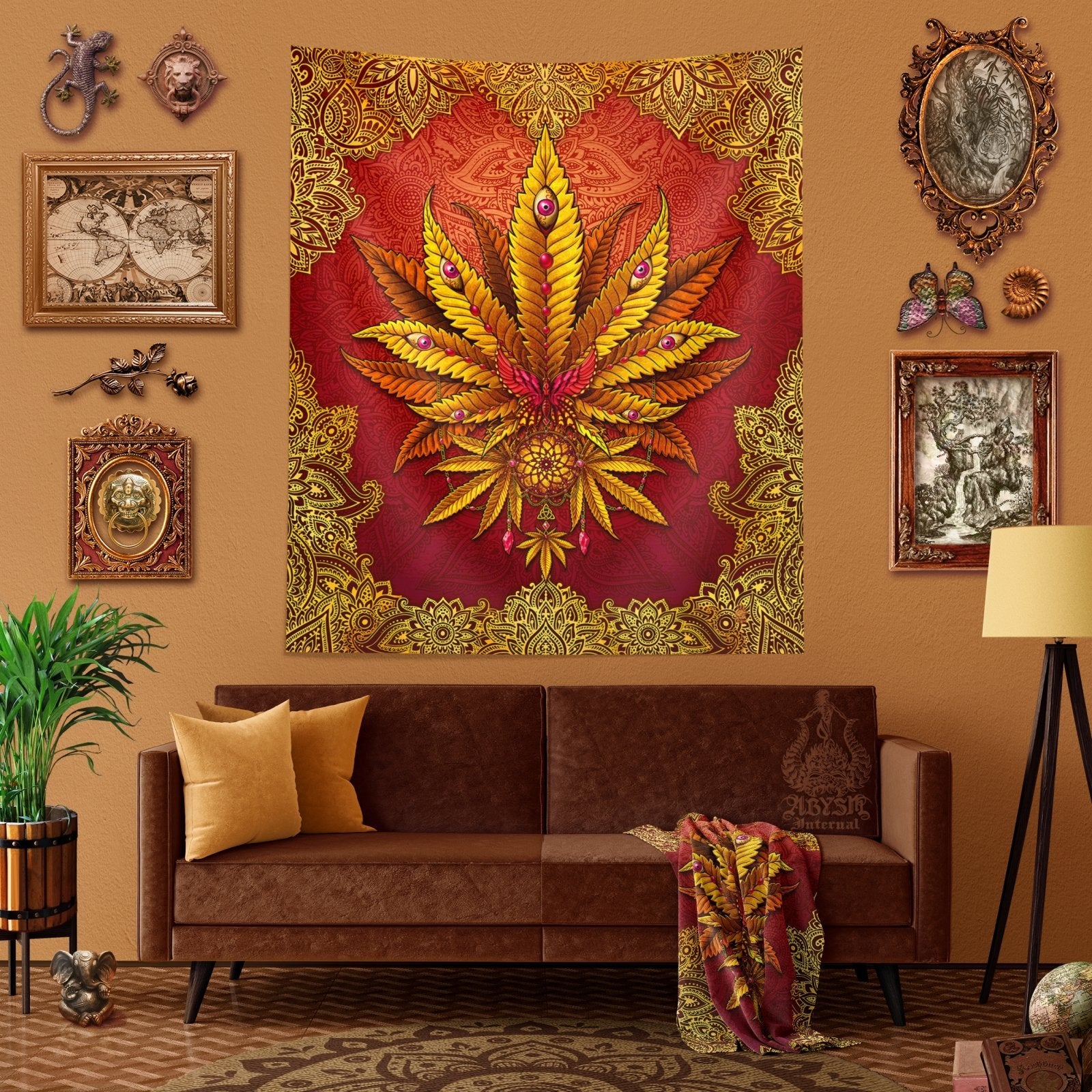 Boho Weed Tapestry, Hippie Cannabis Shop Decor, Wall Hanging, Bohemian Home Decor, Indie Art Print, 420 Gift, Eclectic and Funky Marijuana - Mandalas - Abysm Internal