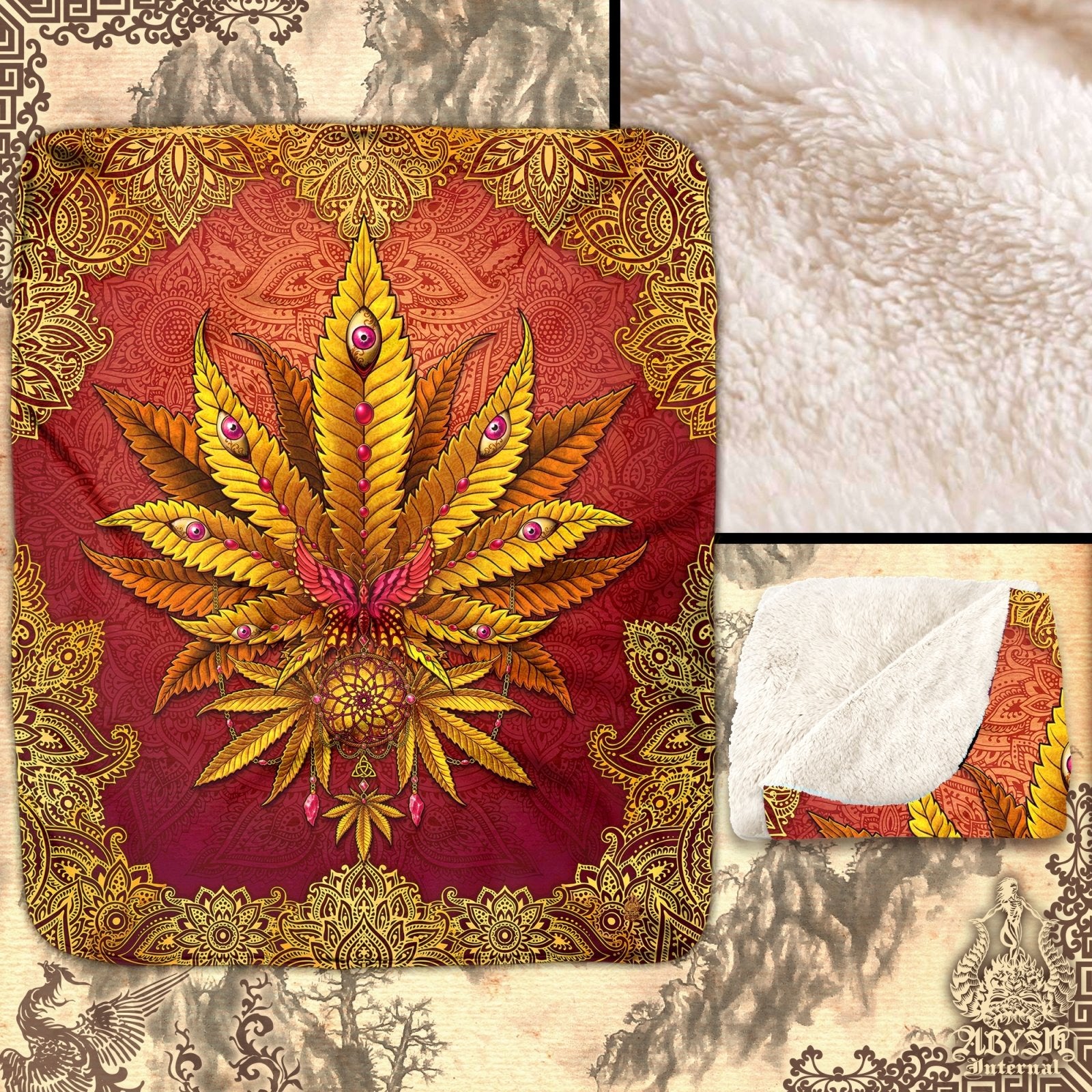 Boho Weed Throw Fleece Blanket, Cannabis Art, Indie and Hippie Home Decor, Bohemian 420 Gift - Marijuana, Mandalas - Abysm Internal